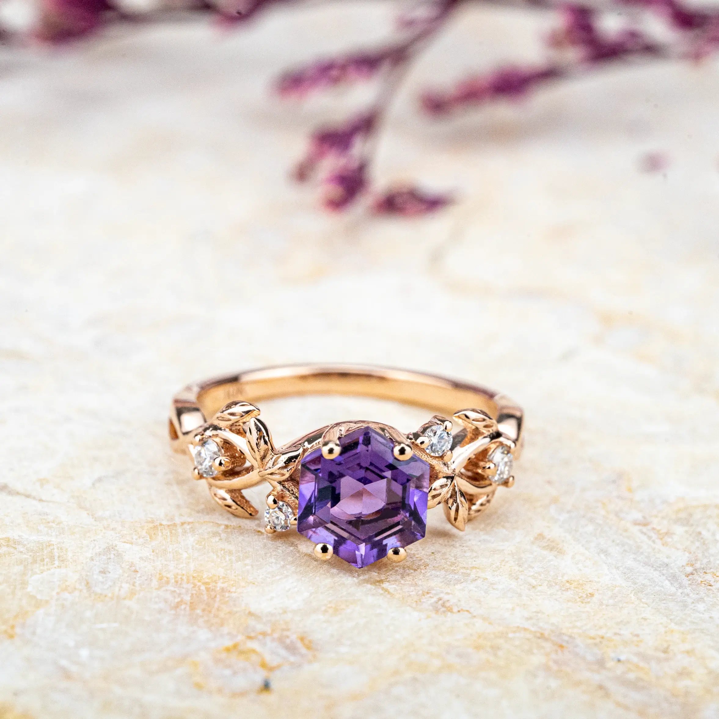 Leaf Whisper Ring – Hexagonal Amethyst Engagement Rings Custom Handmade Anniversary Jewelry