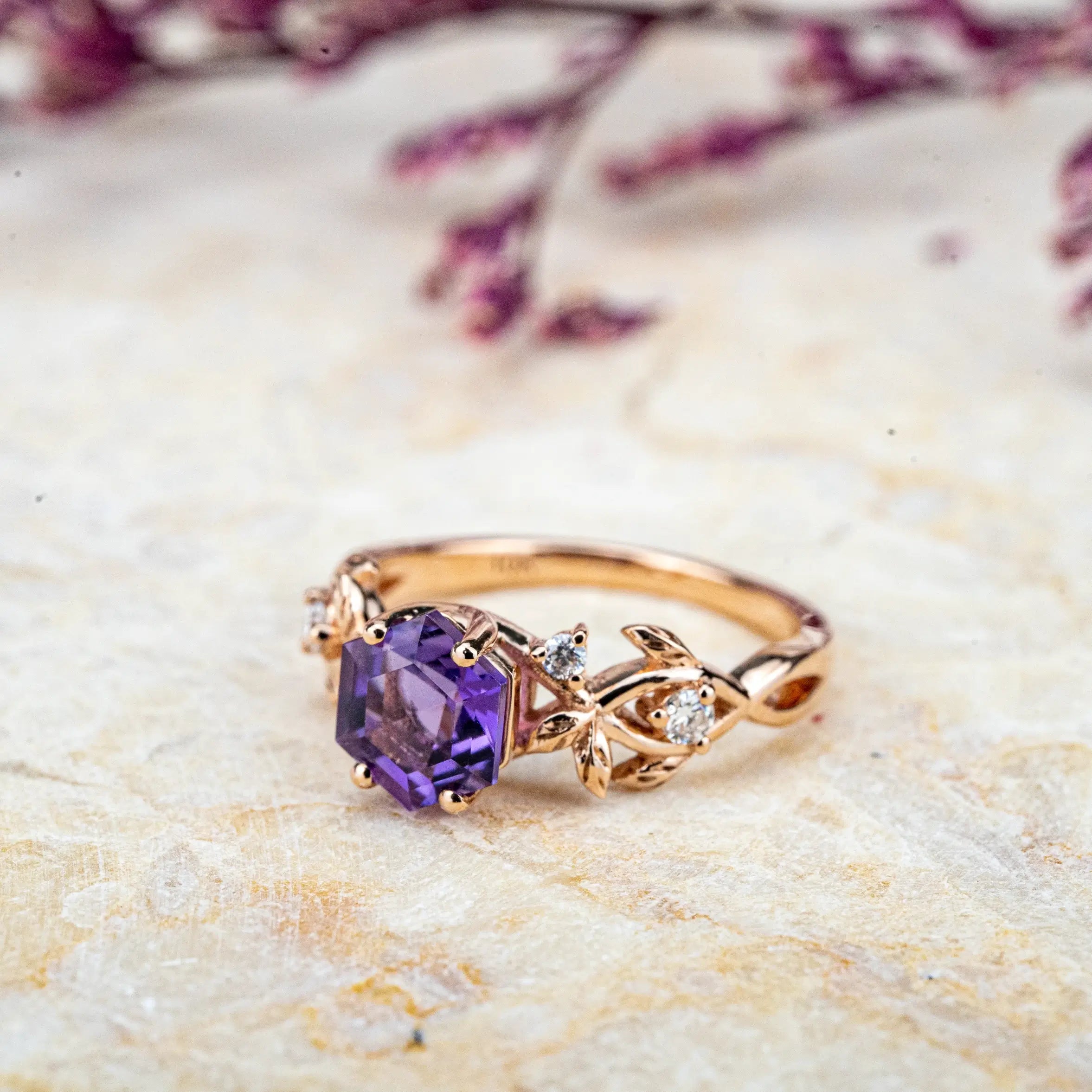Leaf Whisper Ring – Hexagonal Amethyst Engagement Rings Custom Handmade Anniversary Jewelry