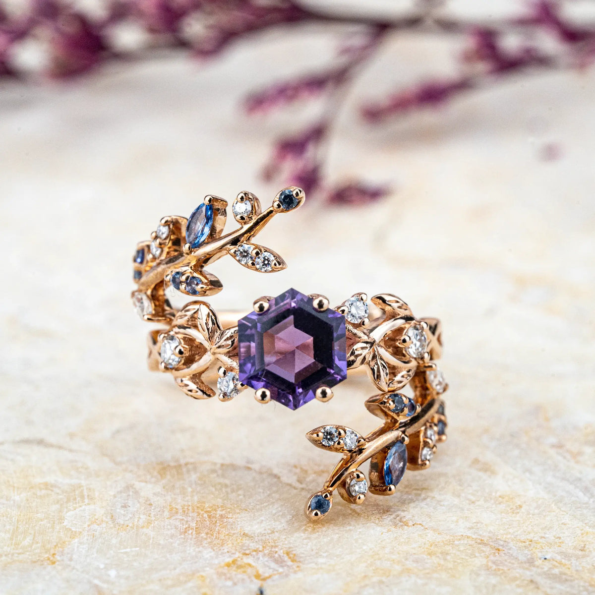 Alexandrite Leaf Bridal Ring Set - Hexagon Engagement Luxury Art Rings For ladies anniversary jewelry