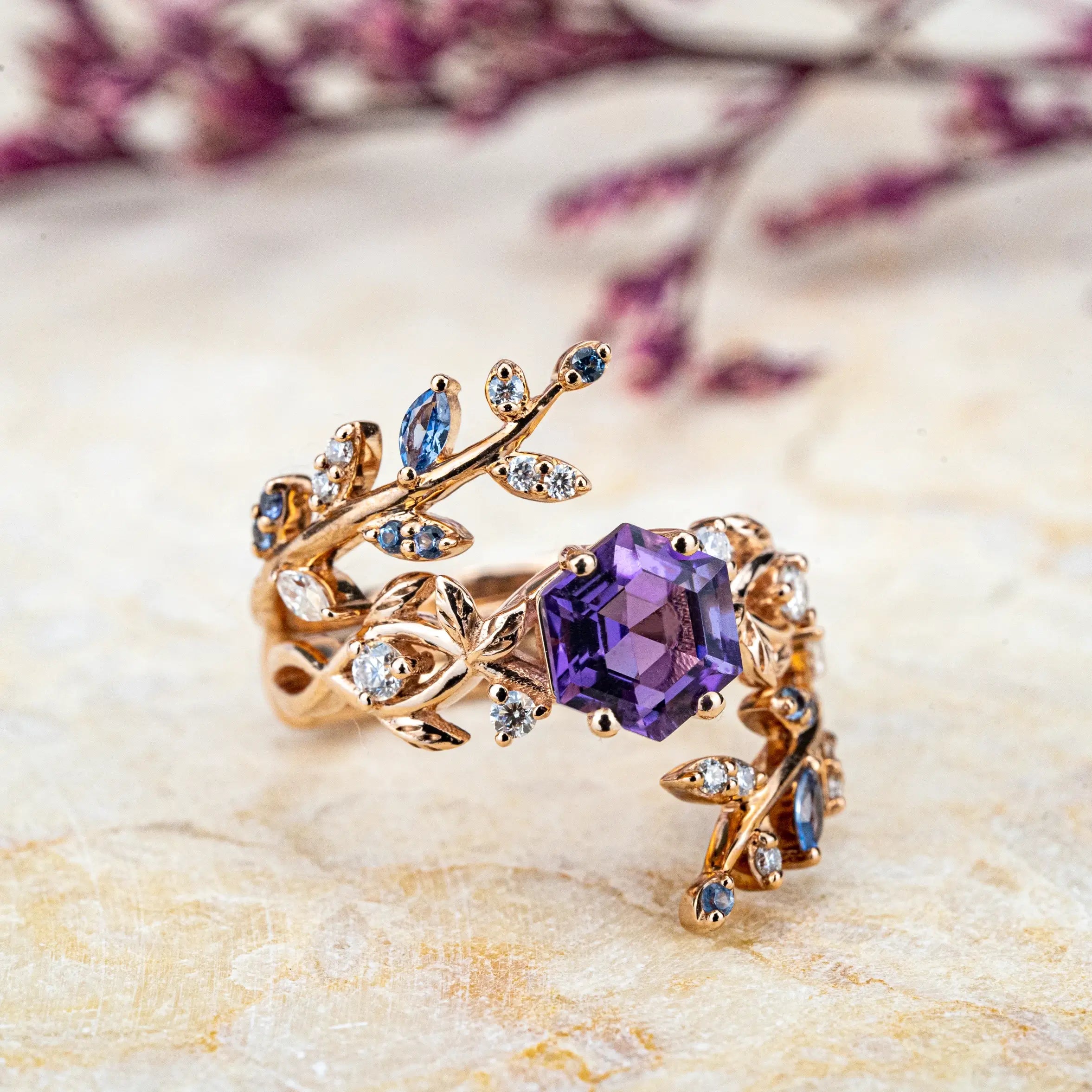 Alexandrite Leaf Bridal Ring Set - Hexagon Engagement Luxury Art Rings For ladies anniversary jewelry