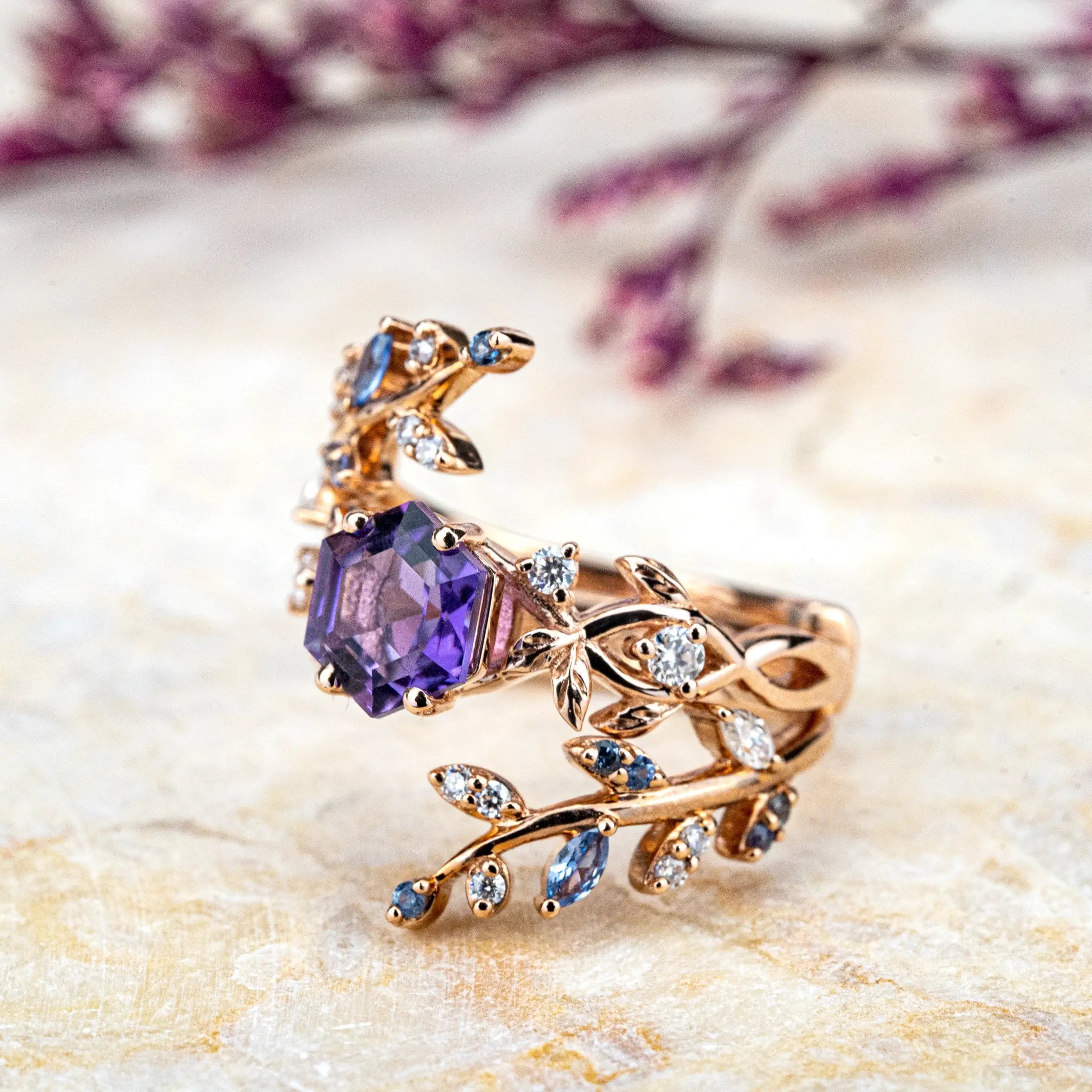 Alexandrite Leaf Bridal Ring Set - Hexagon Engagement Luxury Art Rings For ladies anniversary jewelry