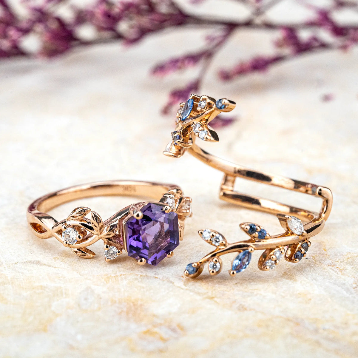 Alexandrite Leaf Bridal Ring Set - Hexagon Engagement Luxury Art Rings