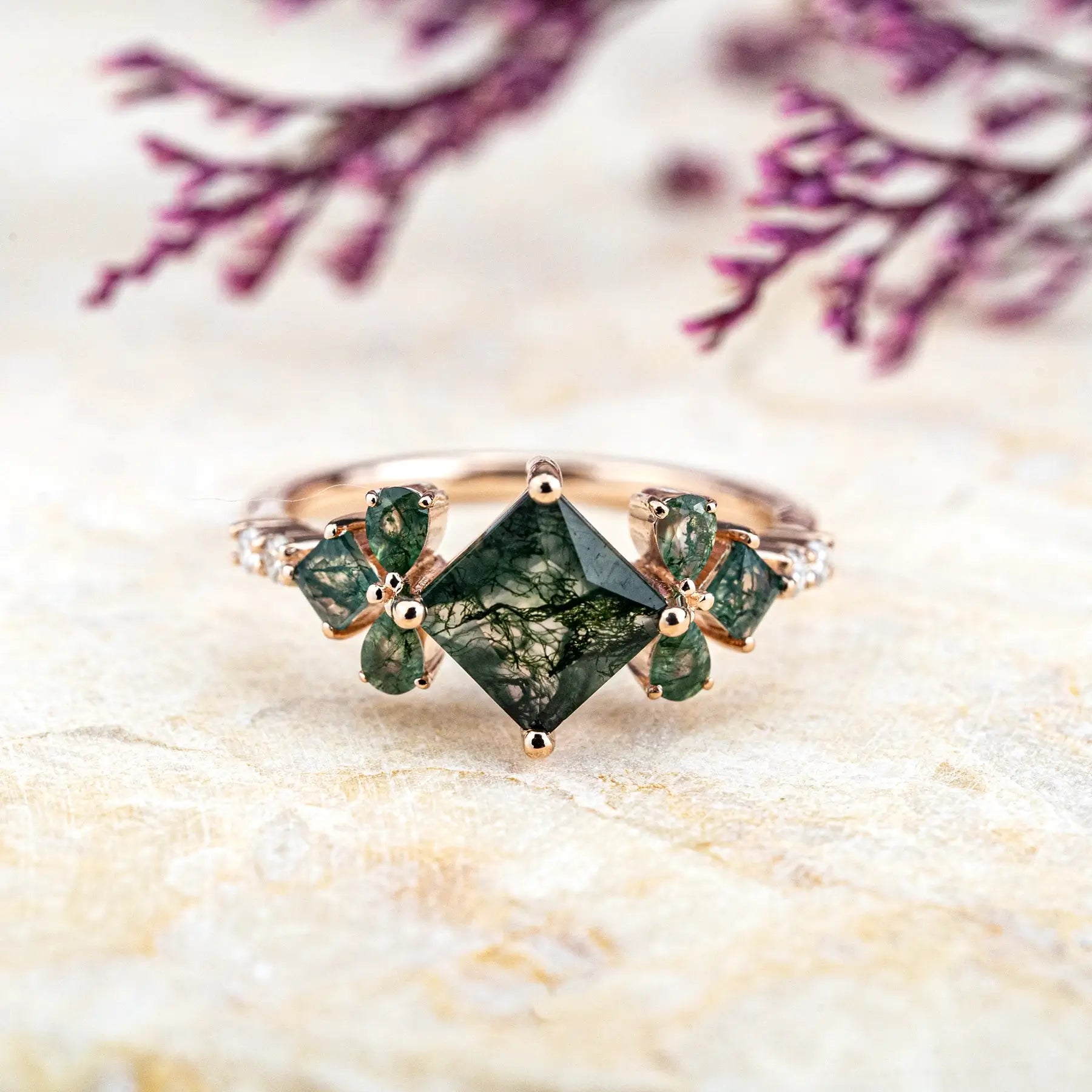 Princess-Cut Moss Agate Engagement Ring with Leaf Motif – Vintage Style