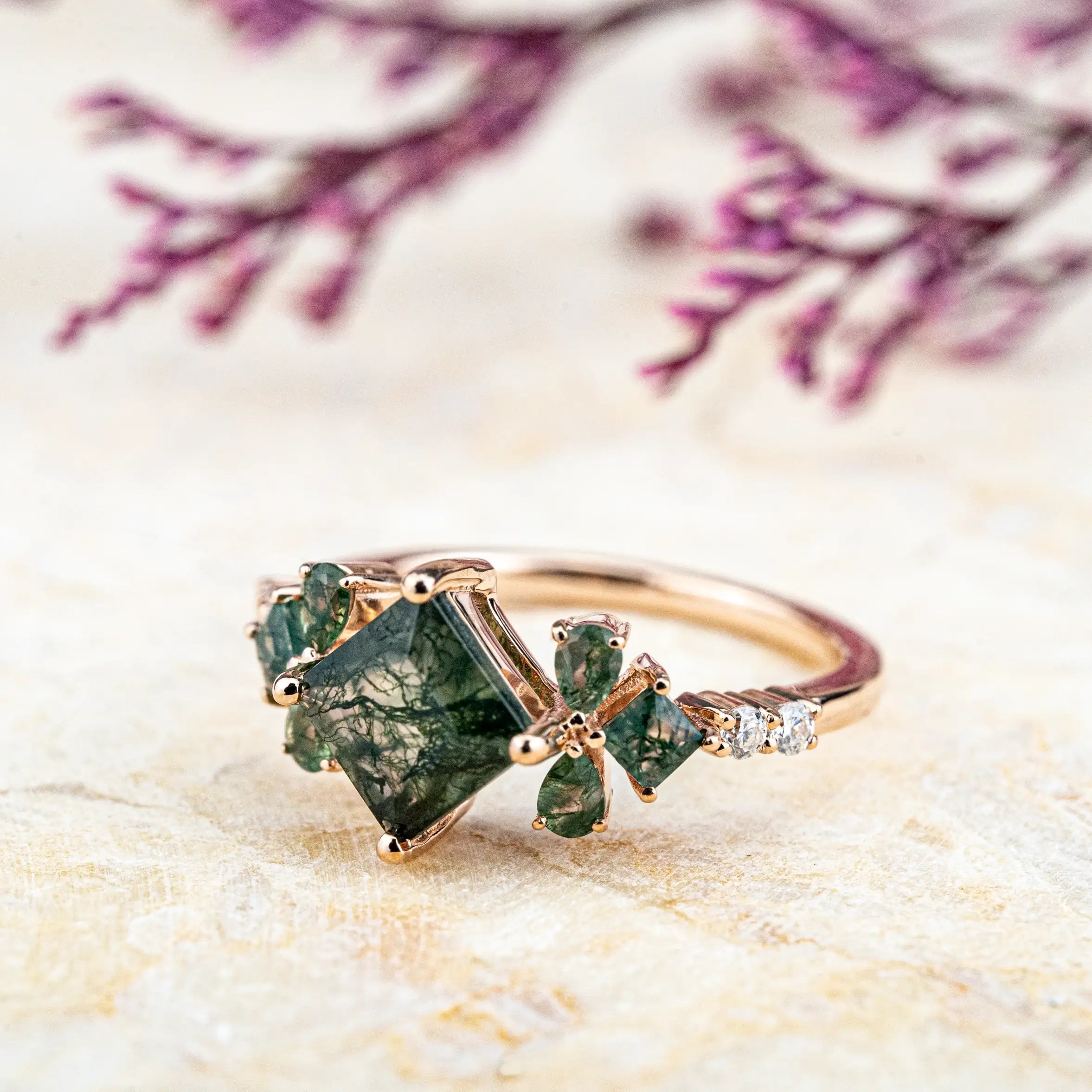Princess-Cut Moss Agate Engagement Ring with Leaf Motif – Vintage Style anniversary ring