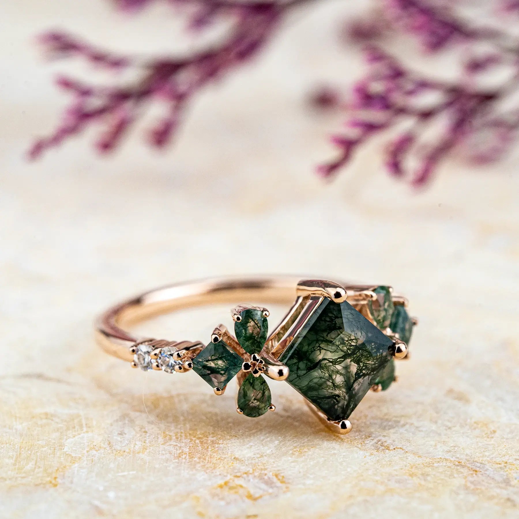 Princess-Cut Moss Agate Engagement Ring with Leaf Motif – Vintage Style