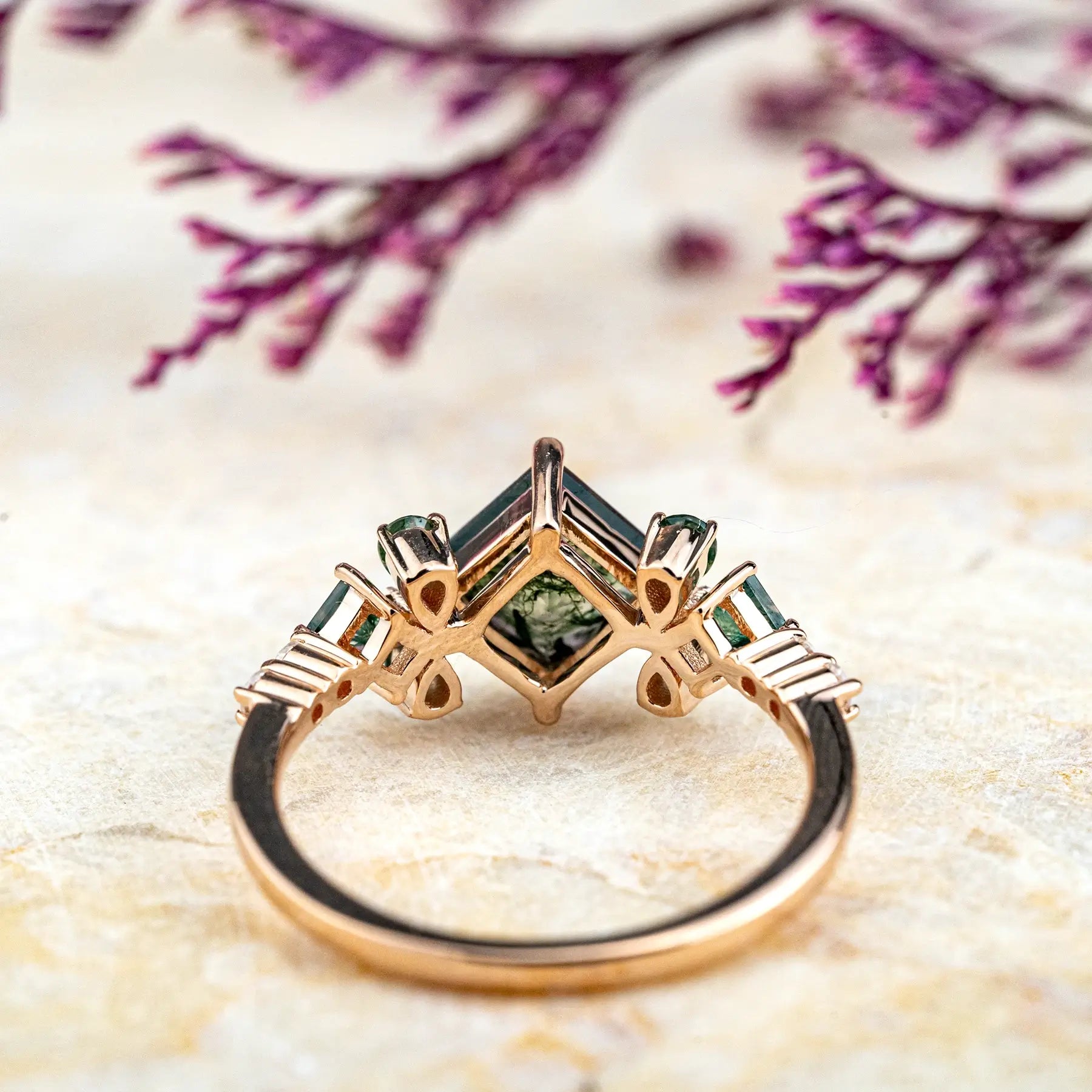 Princess-Cut Moss Agate Engagement Ring with Leaf Motif – Vintage Style