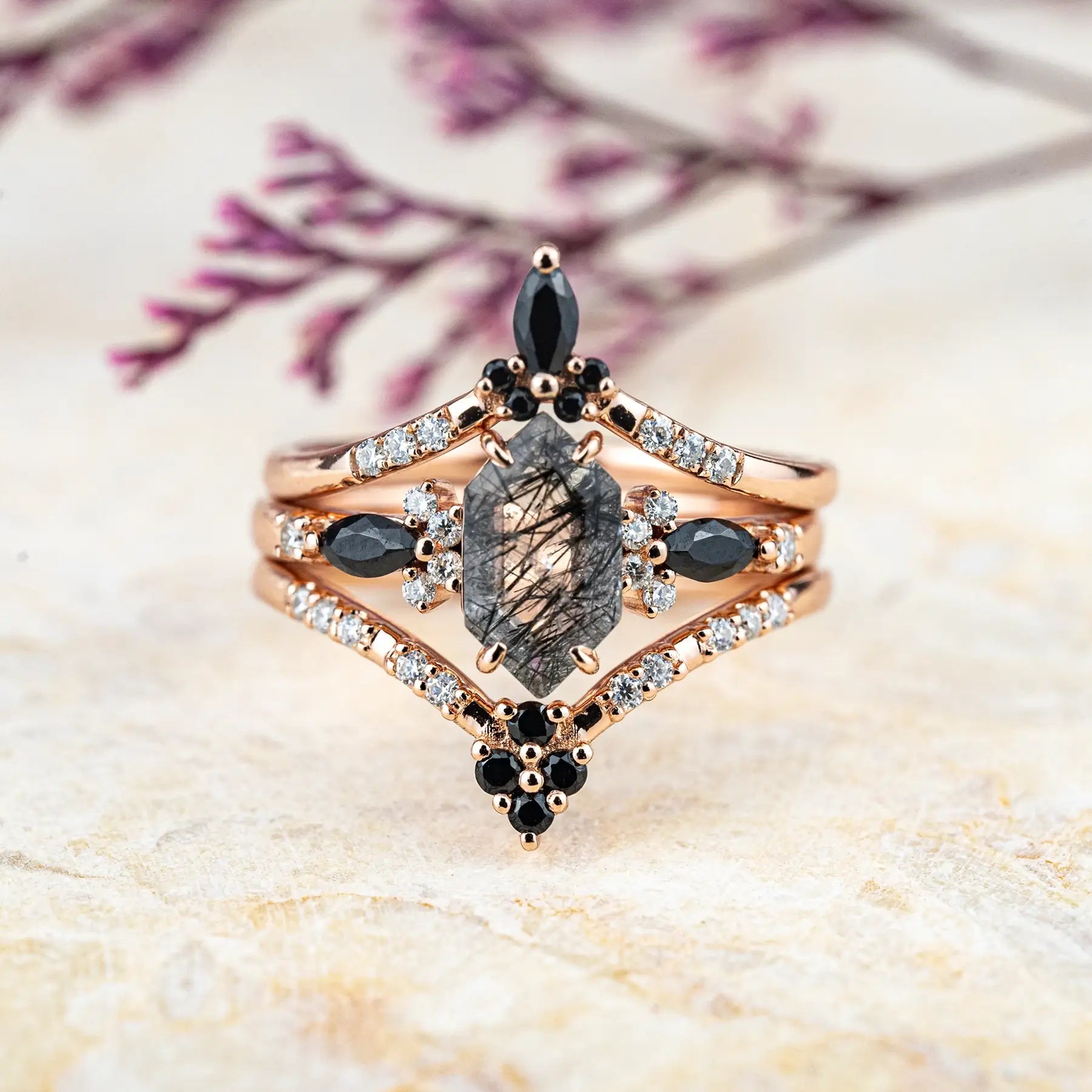 Gothic Long Hexagonal Black Rutilated Quartz Ring Set 3-Piece Luxury Rings Handmade Custom jewelry