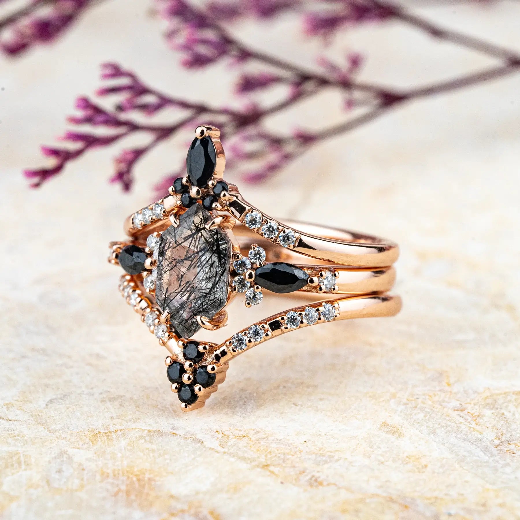 Gothic Long Hexagonal Black Rutilated Quartz Ring Set 3-Piece Luxury Rings Handmade Custom jewelry