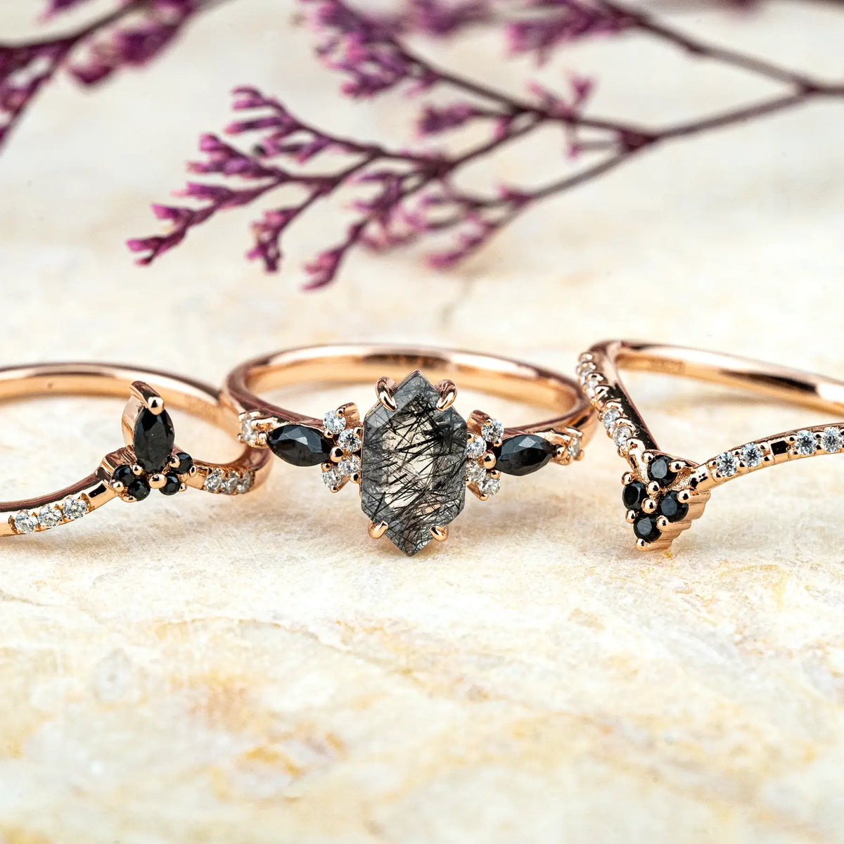 Gothic Long Hexagonal Black Rutilated Quartz Ring Set 3-Piece Luxury Rings