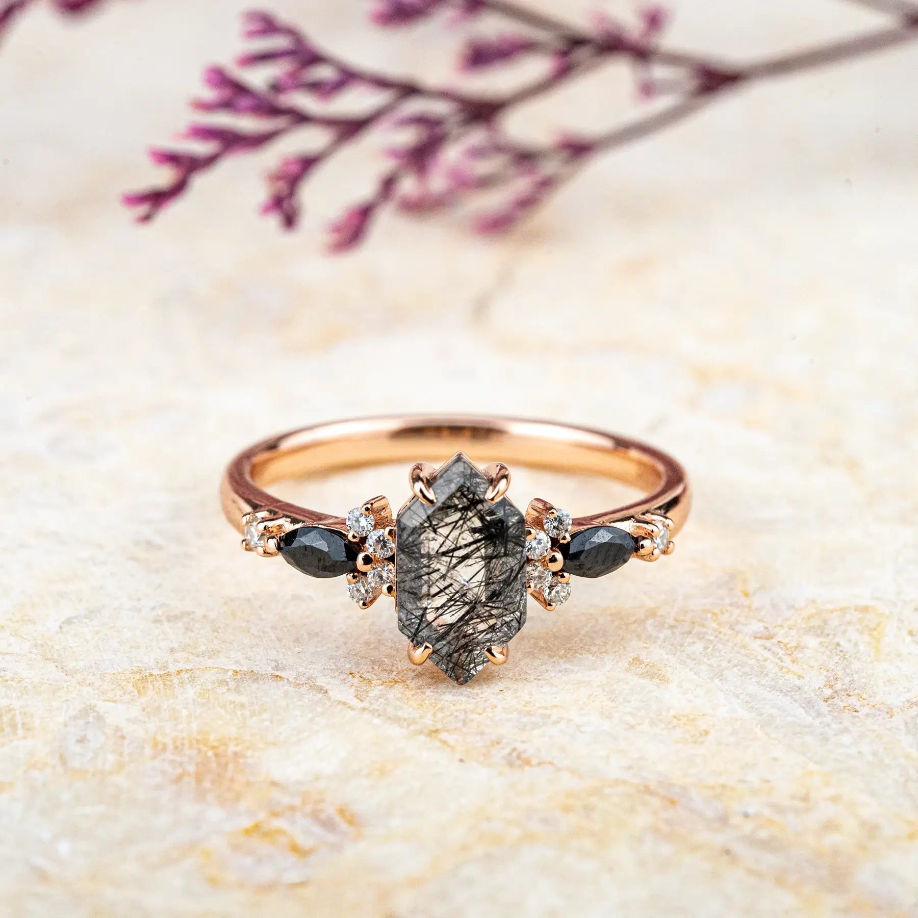 Hexagonal Black Rutilated Quartz Engagement Ring – Unique 18K Gold Cluster