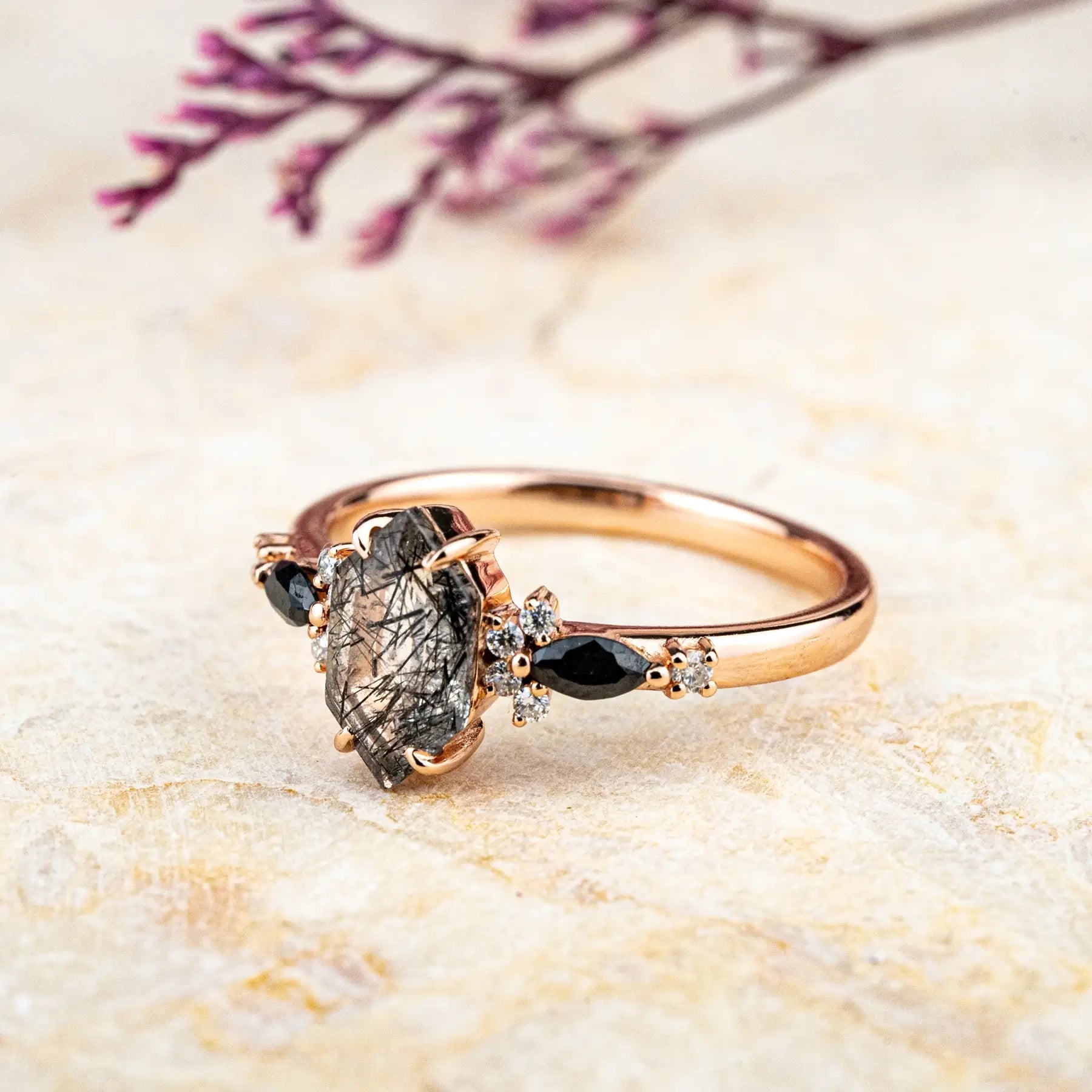 Hexagonal Black Rutilated Quartz Engagement Ring – Unique 18K Gold Cluster