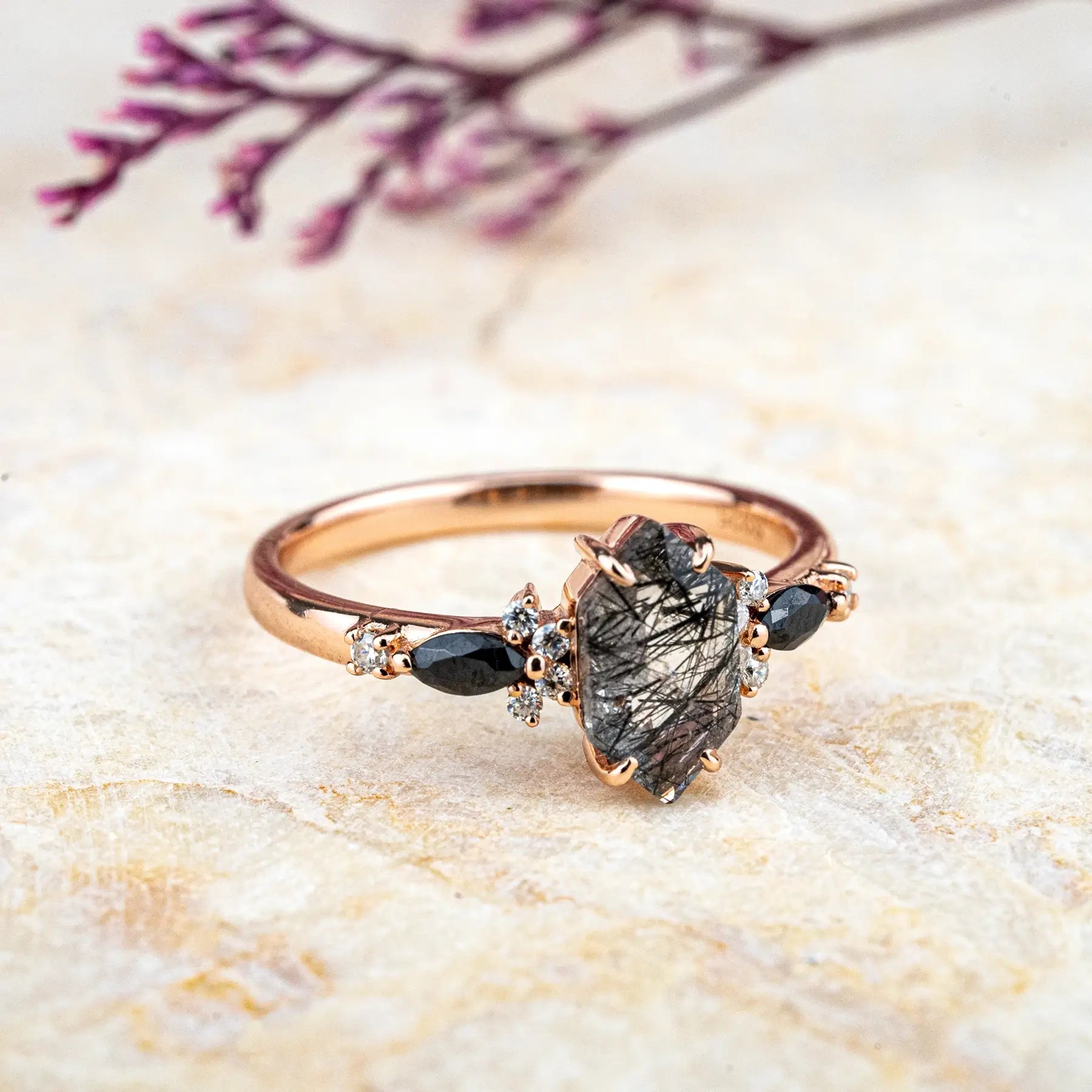 Hexagonal Black Rutilated Quartz Engagement Ring – Unique 18K Gold Cluster