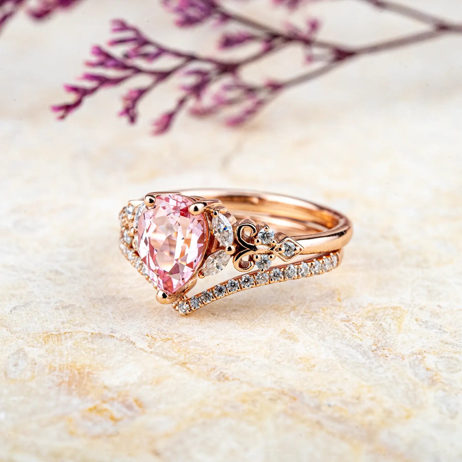 Vintage Pear-Cut Pink Quartz Engagement Ring with Moissanite – Rose Gold