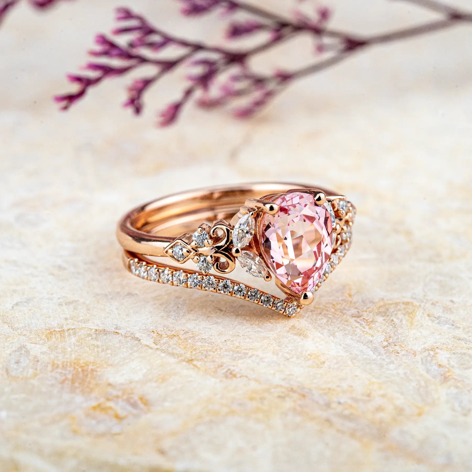 Vintage Pear-Cut Pink Quartz Engagement Ring with Moissanite – Rose Gold