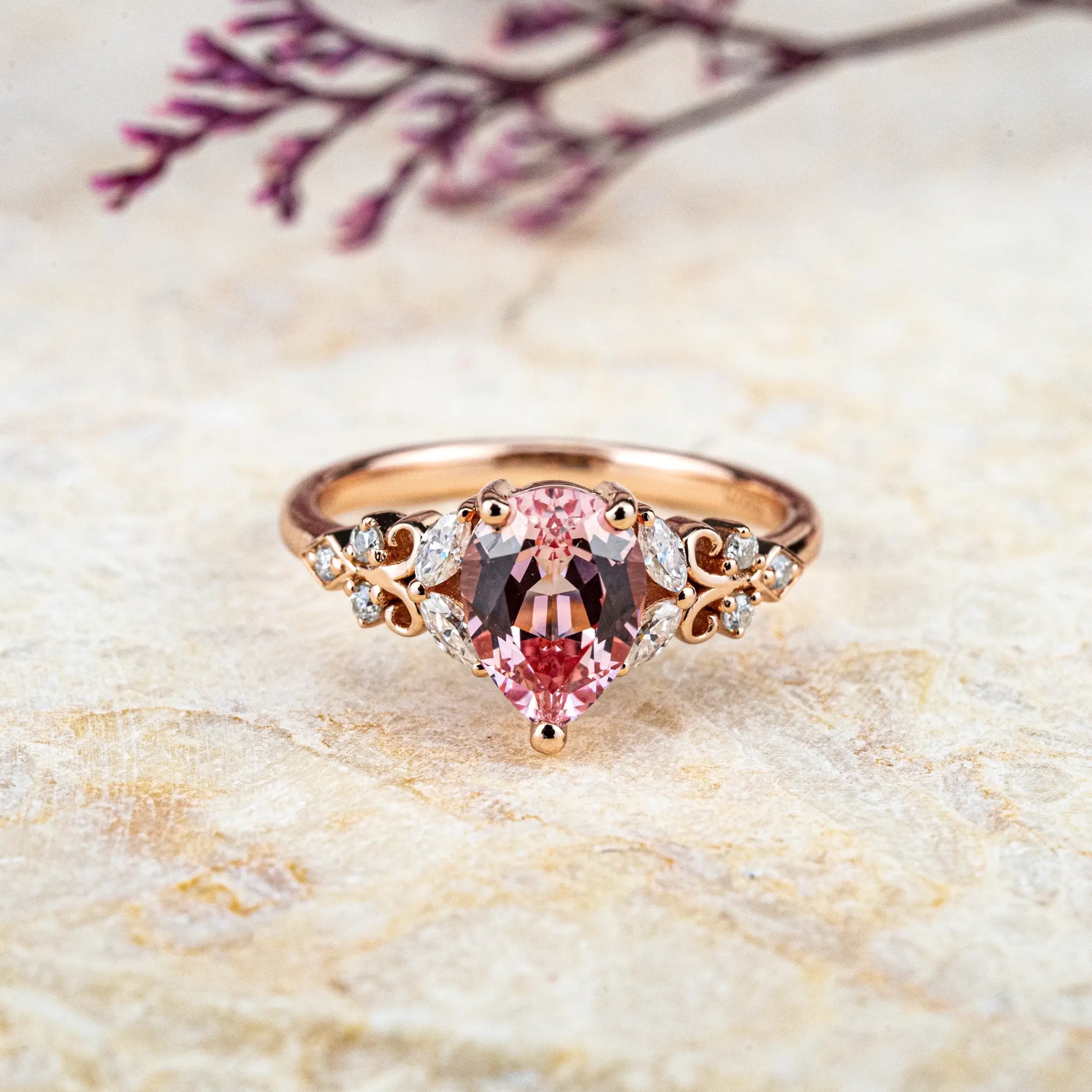 custom Pear-Cut Pink Quartz Promise Ring | Unique Engagement Rings