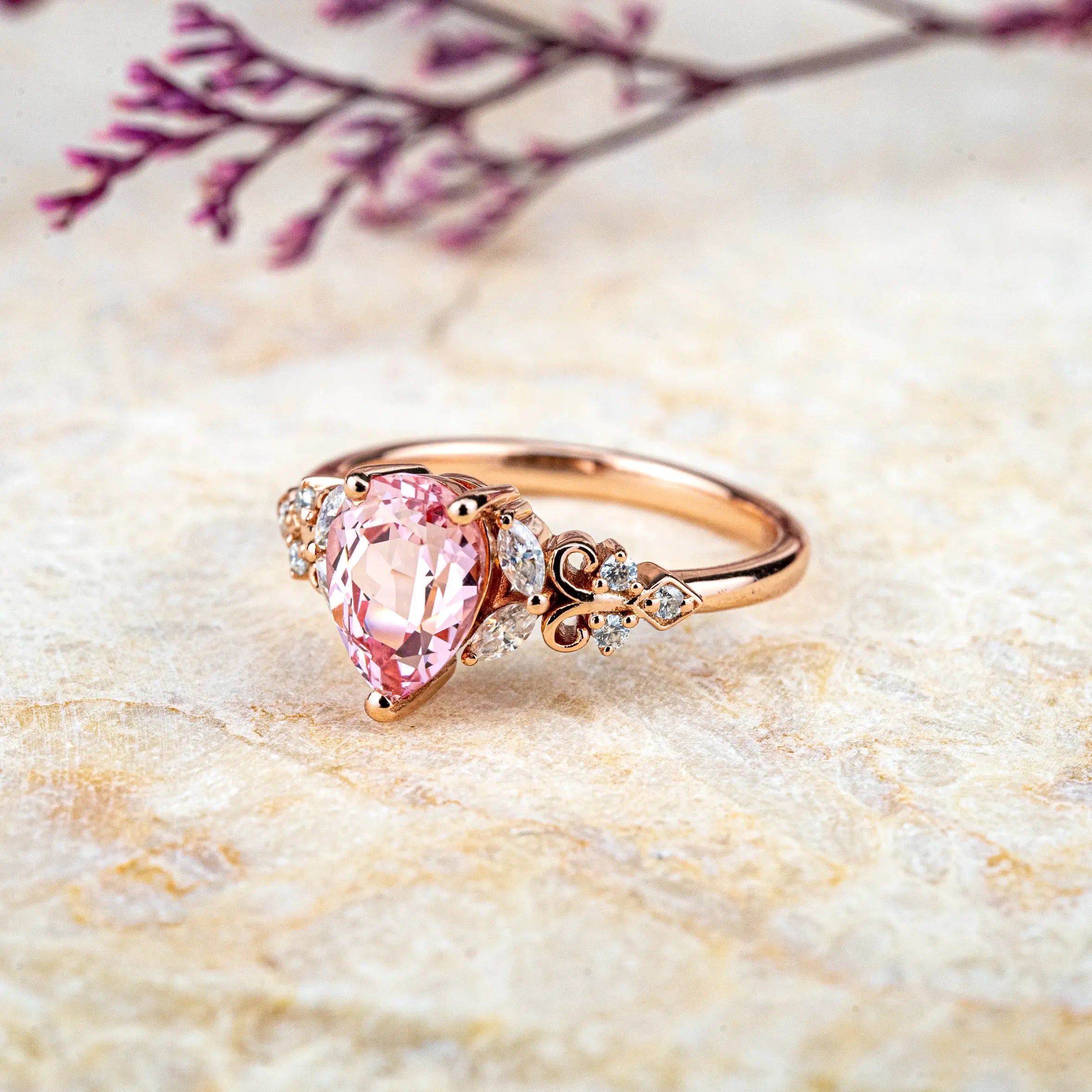 custom Pear-Cut Pink Quartz Promise Ring | Unique Engagement Rings