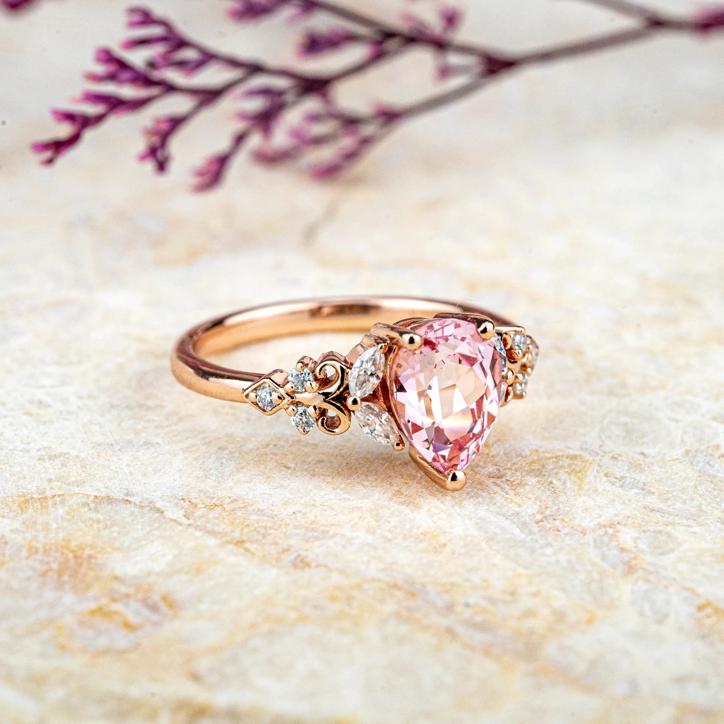 custom Pear-Cut Pink Quartz Promise Ring | Unique Engagement Rings