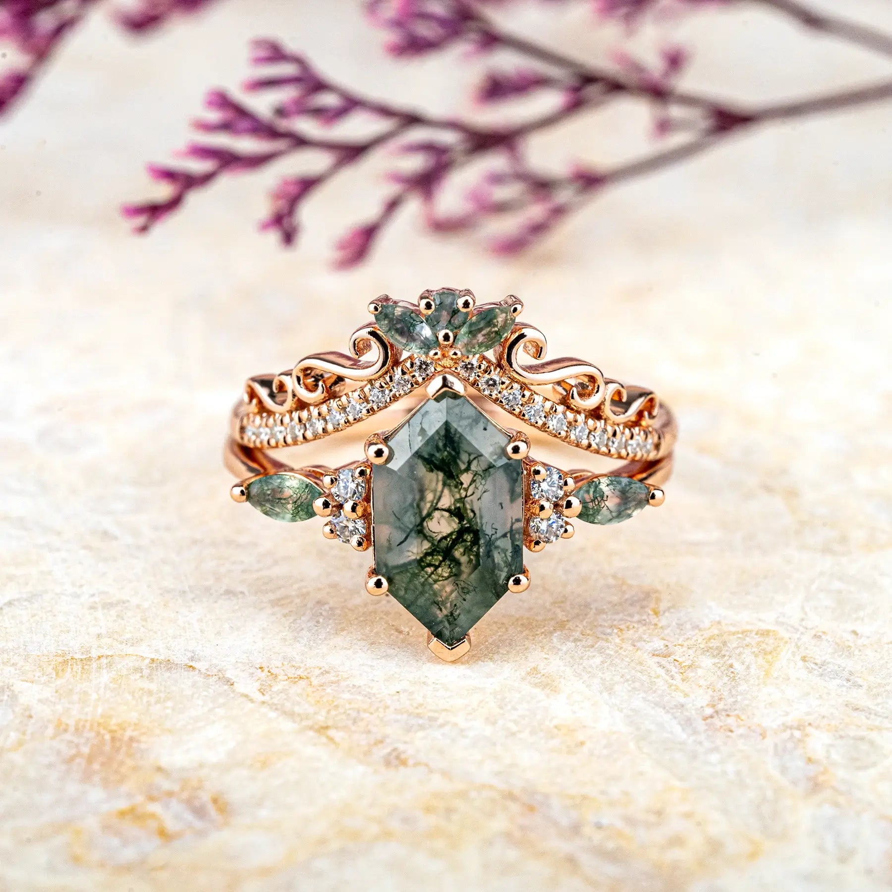 Long Hexagonal Moss Agate Rings Vintage Luxury Engagement Ring Sets