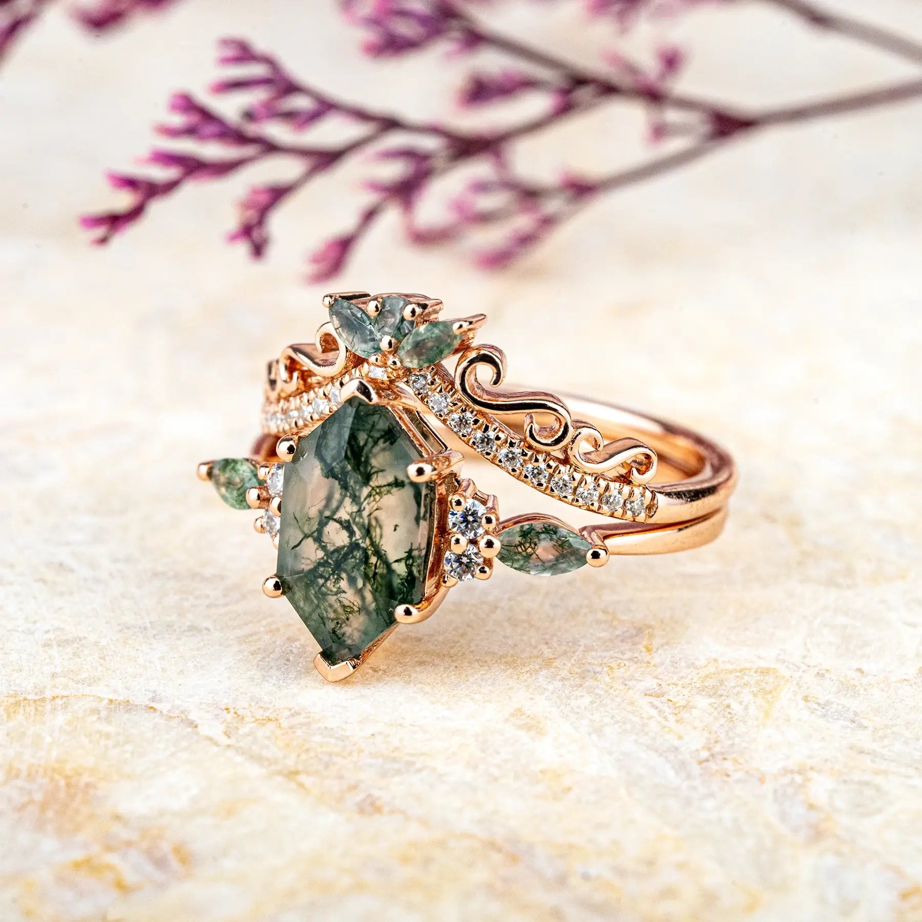 Long Hexagonal Moss Agate Rings Vintage Luxury Engagement Ring Sets