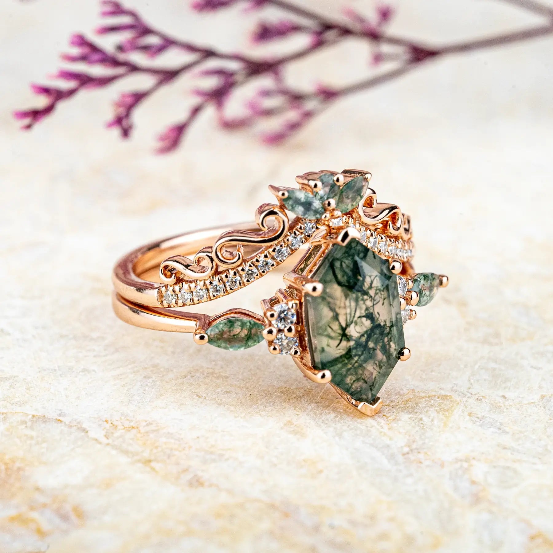 Long Hexagonal Moss Agate Rings Vintage Luxury Engagement Ring Sets