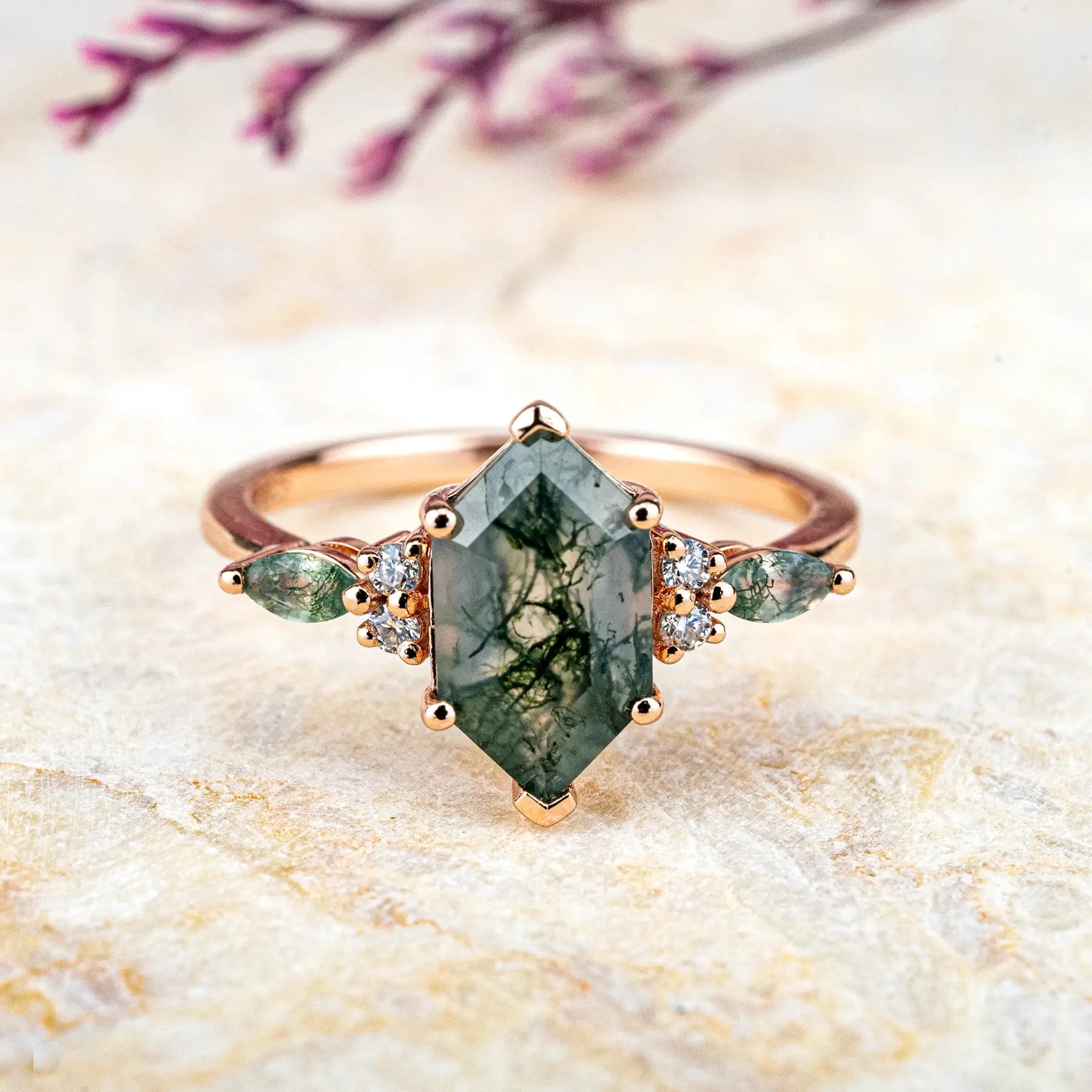 Long Hexagonal Moss Agate Ring – Artistic Cluster Design Custom anniversary jewelry gift