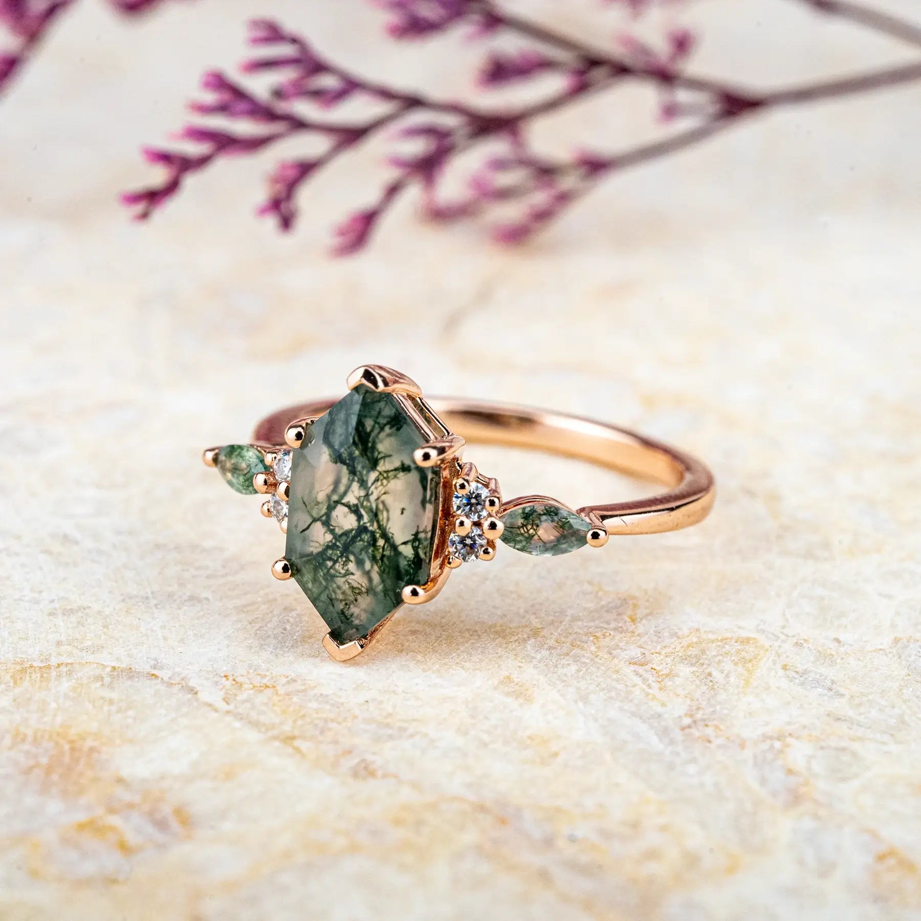 Long Hexagonal Moss Agate Ring – Artistic Cluster Design Custom anniversary jewelry gift | orleone