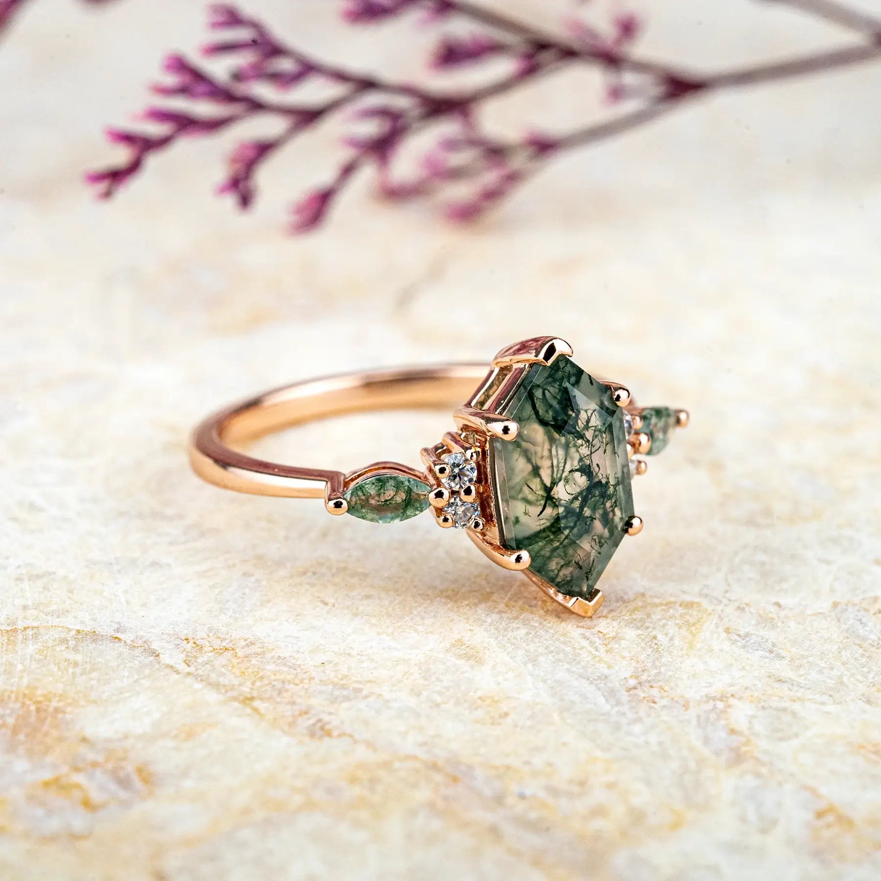 Long Hexagonal Moss Agate Ring – Artistic Cluster Design Custom anniversary jewelry gift