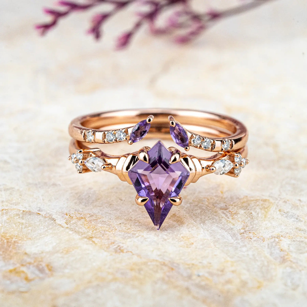 Kite Amethyst Ring Set – Noble and Luxurious Engagement Rings February Birthstone ring
