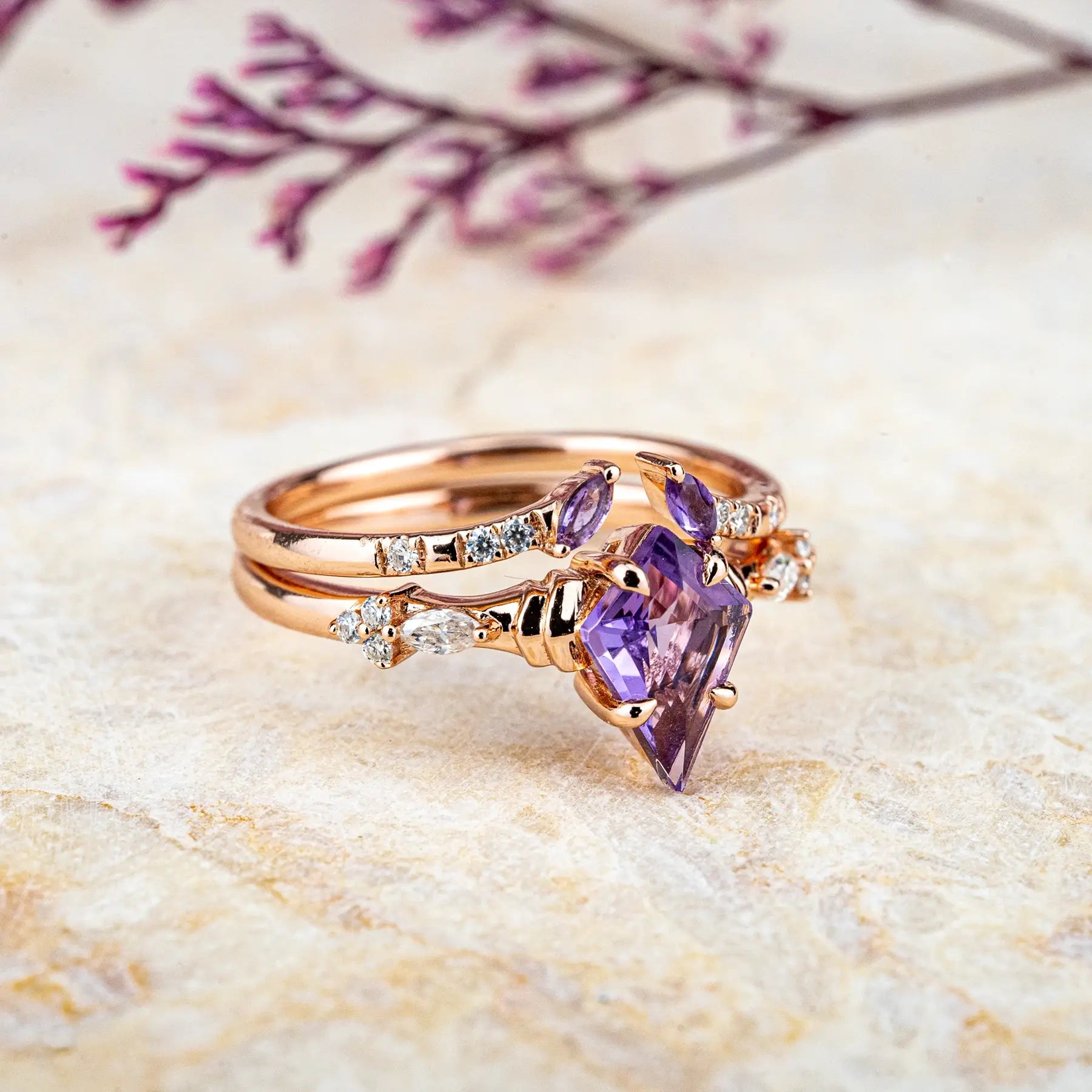custom Kite Amethyst Ring Set – Noble and Luxurious Engagement Rings February Birthstone ring