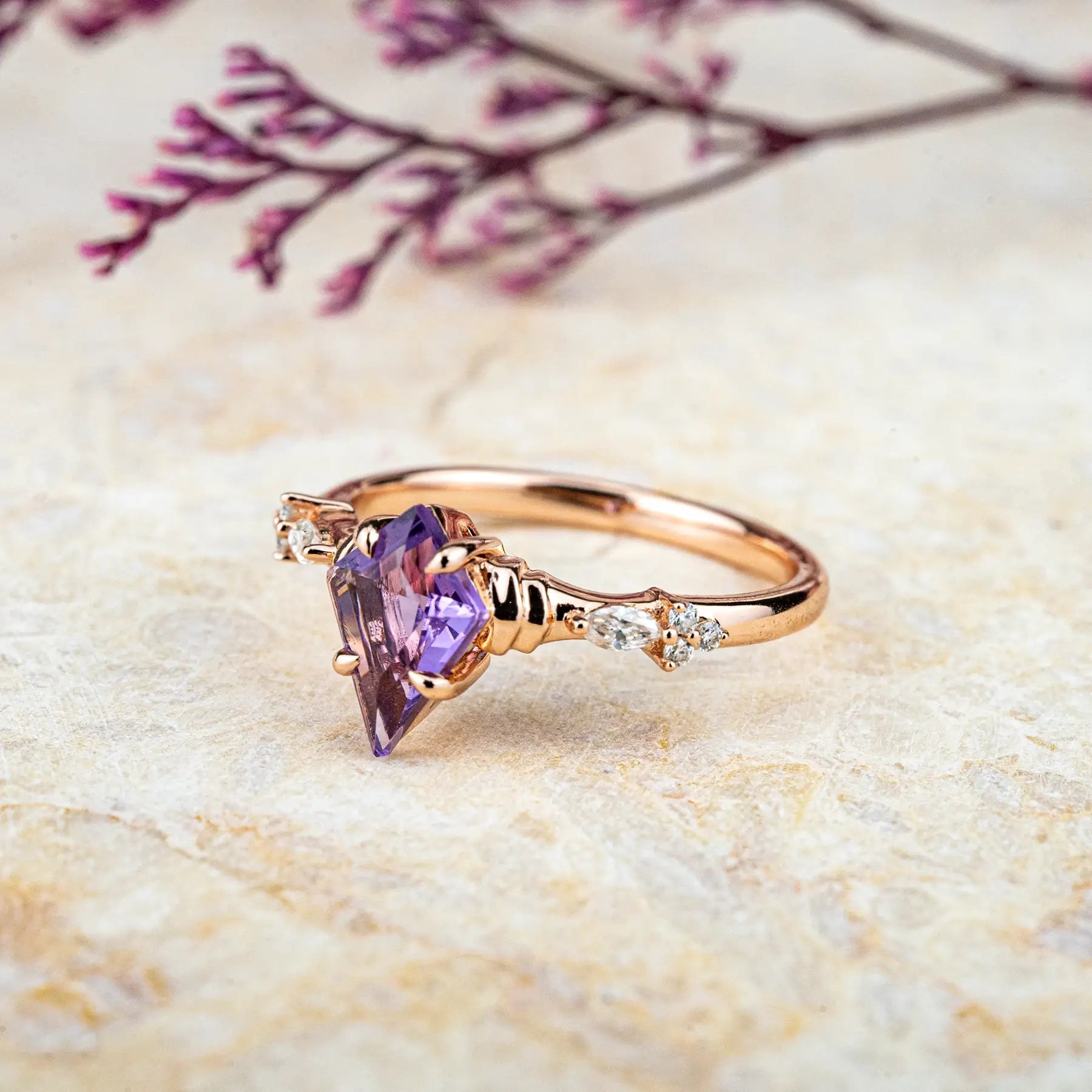 Modern Art Kite Amethyst Promise Rings – February Birthstone ring anniversary gift for women