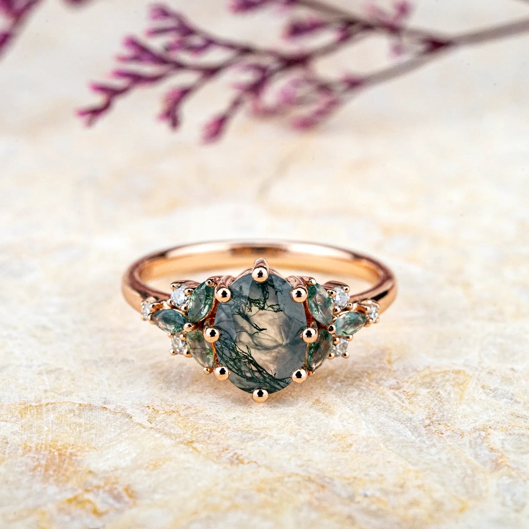 Rose Gold Oval Moss Agate Cluster Ring – Floral Design engagement ring