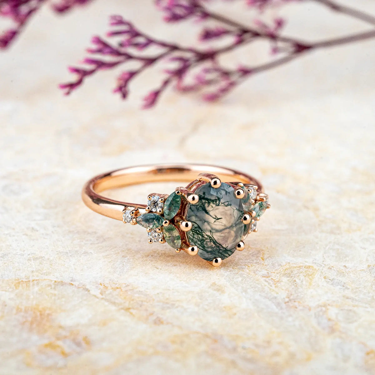 handmade custom Rose Gold Oval Moss Agate Cluster Ring – Floral Design engagement ring