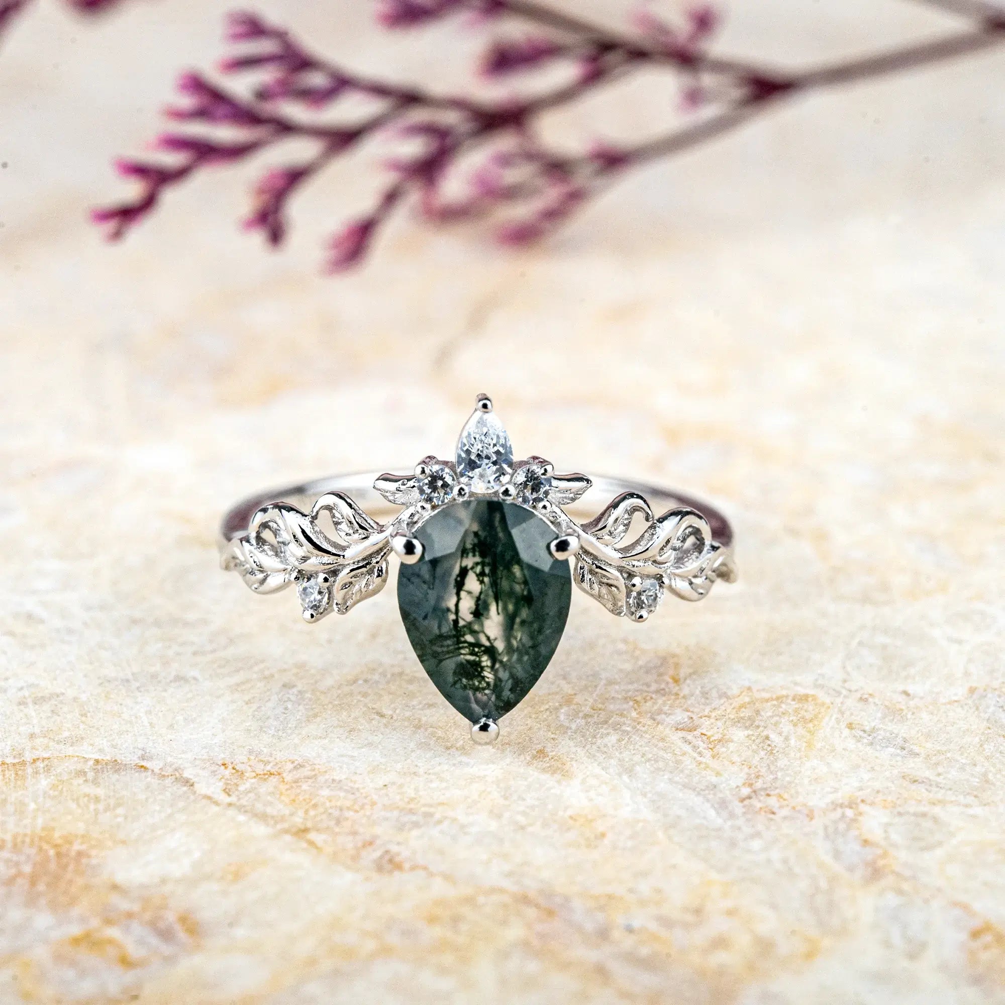 Ink Blossom Pear Moss Agate Ring – Custom White Gold Leaf Engagement Rings