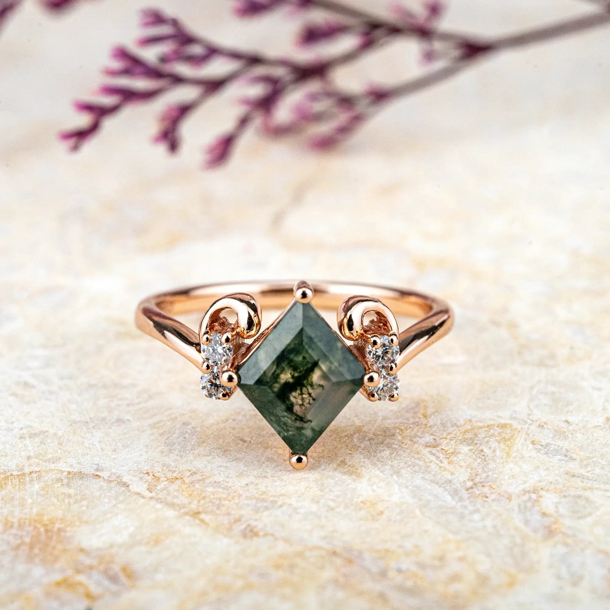 Custom Unique Princess Cut Moss Agate Ring | Zodiac Gold Ring - Aries