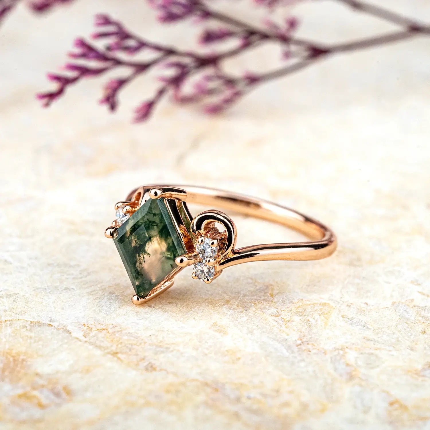 Custom Unique Princess Cut Moss Agate Ring | Zodiac Gold Ring - Aries For ladies anniversary gift