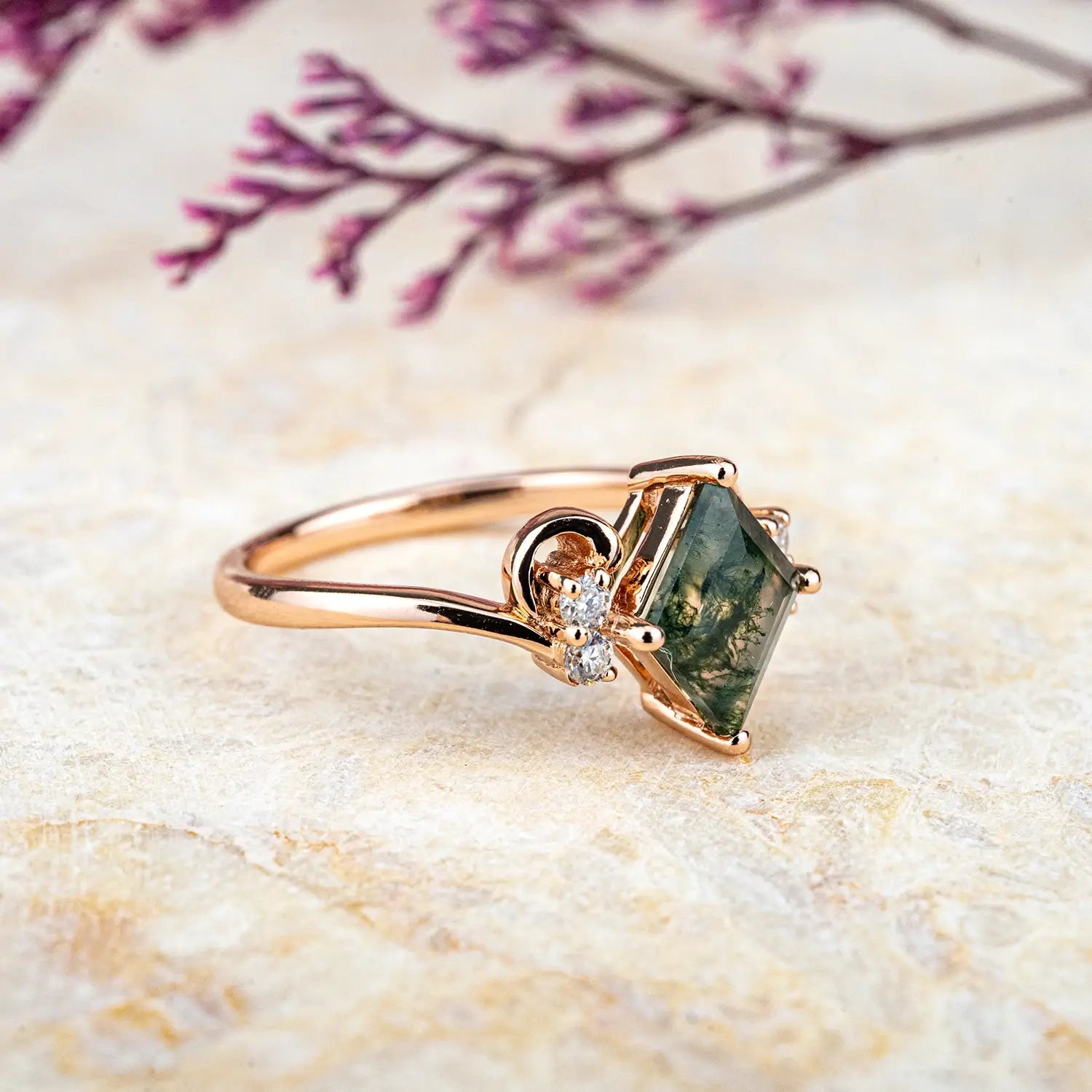 Custom Unique Princess Cut Moss Agate Ring | Zodiac Gold Ring - Aries