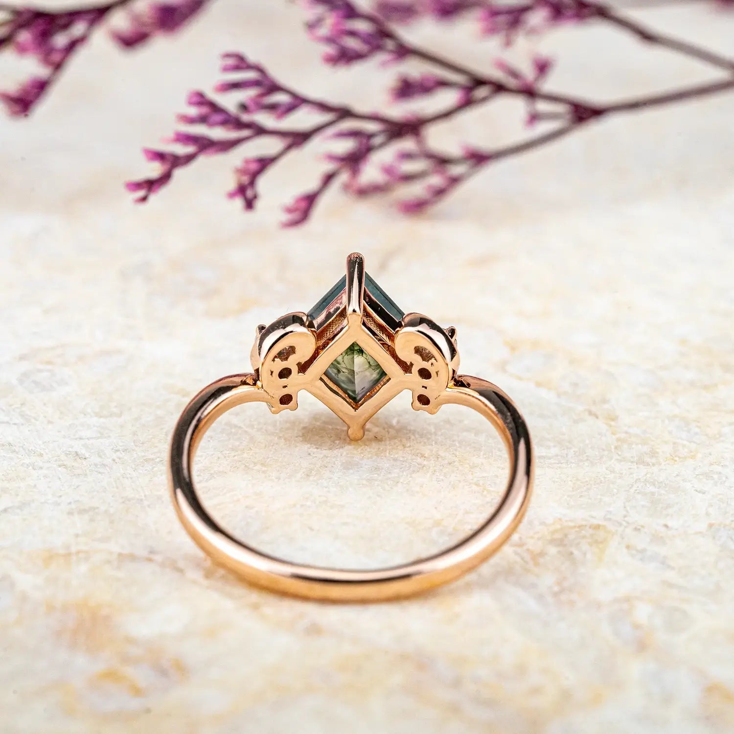 Custom Unique Princess Cut Moss Agate Ring | Zodiac Gold Ring - Aries