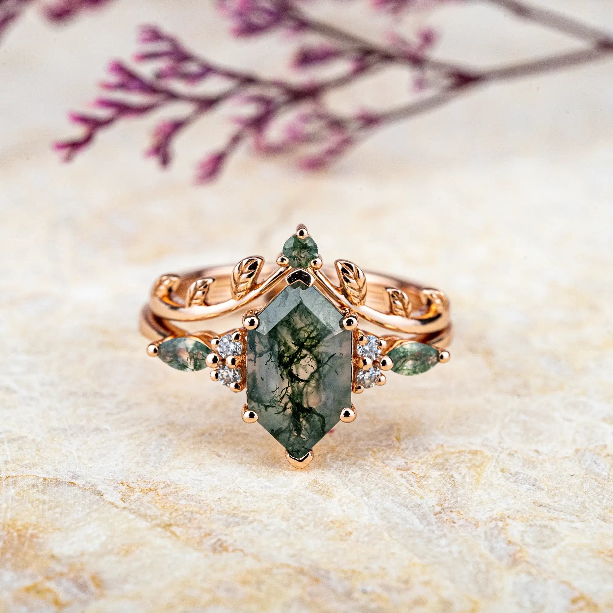 Nature-Inspired Long Hexagon Moss Agate Ring Set | Unique Art Leaf Rings