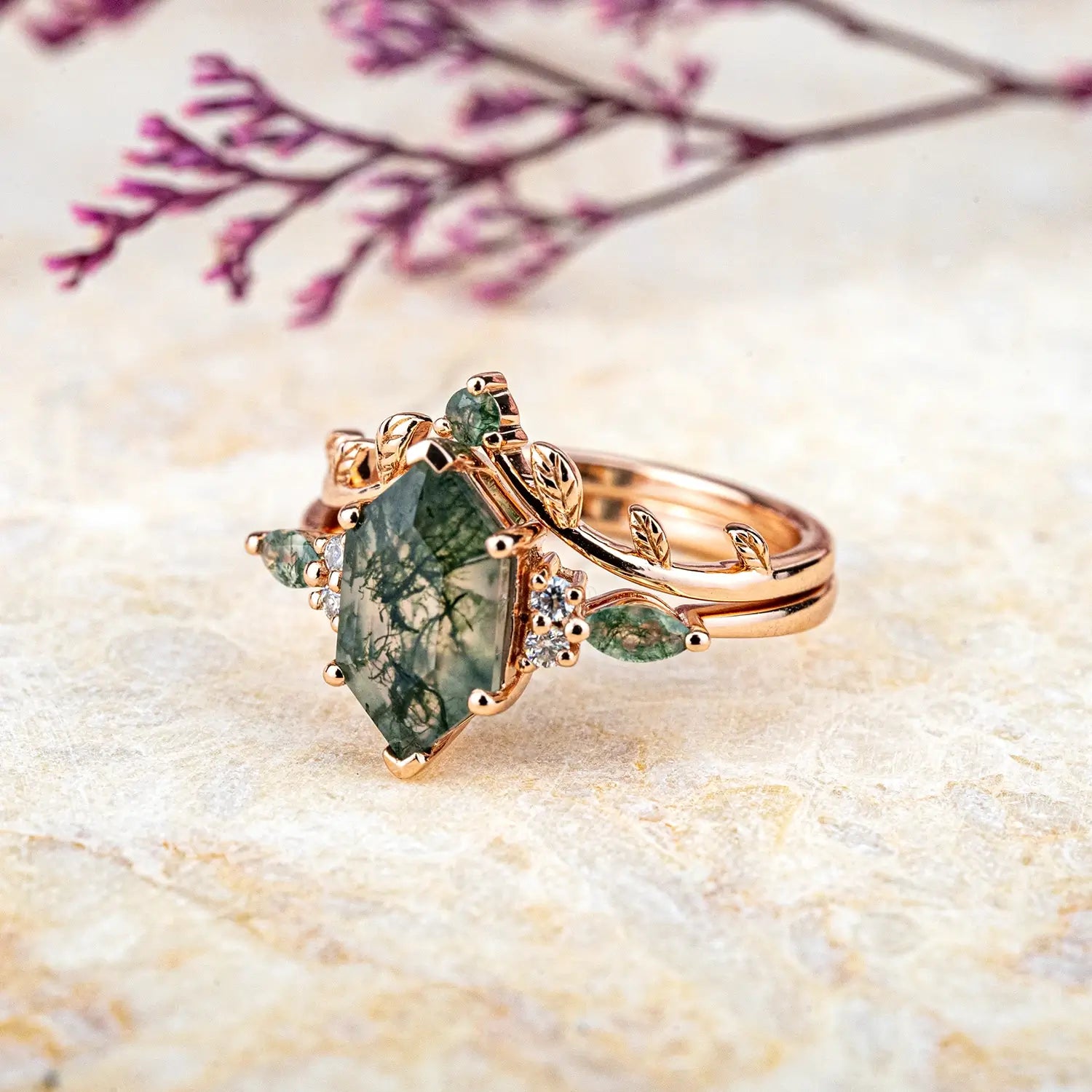 Nature-Inspired Long Hexagon Moss Agate Ring Set | Unique Art Leaf Rings