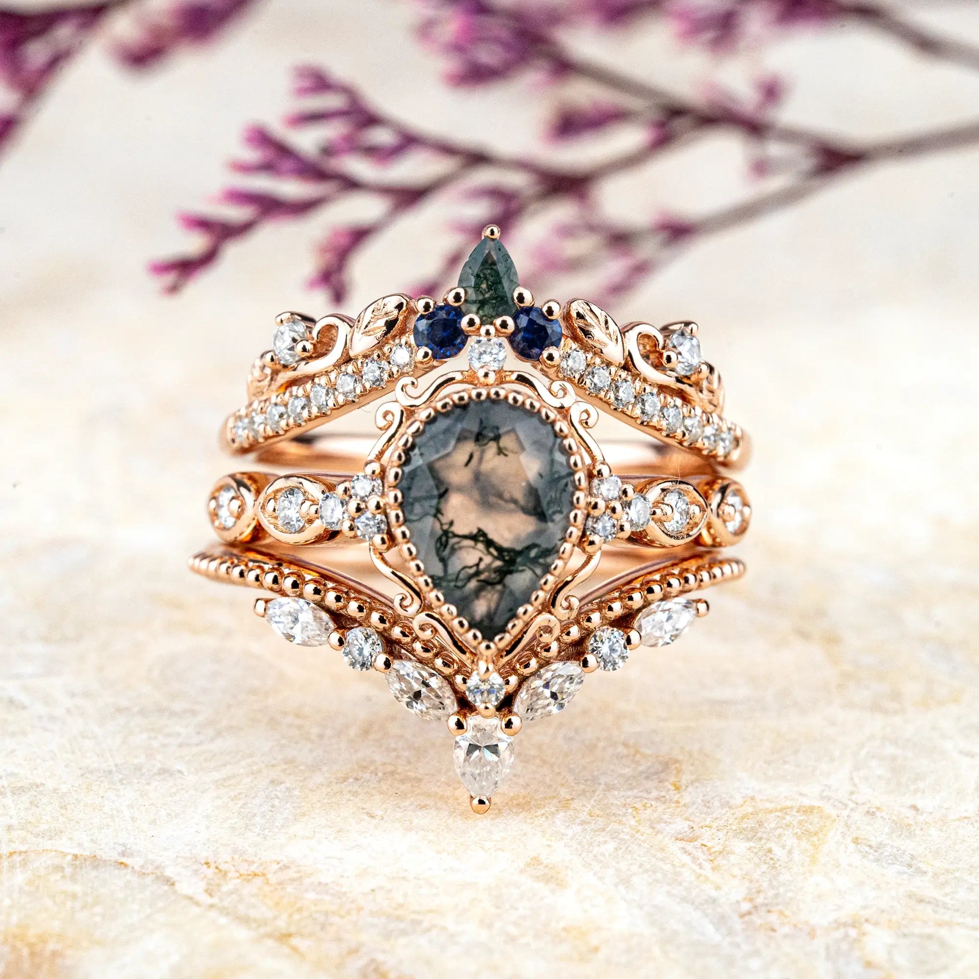 Luxurious Vintage Moss Agate Engagement Ring Set 3pcs Pear Cut Unique Rings - Trio Ring Sets Orleone