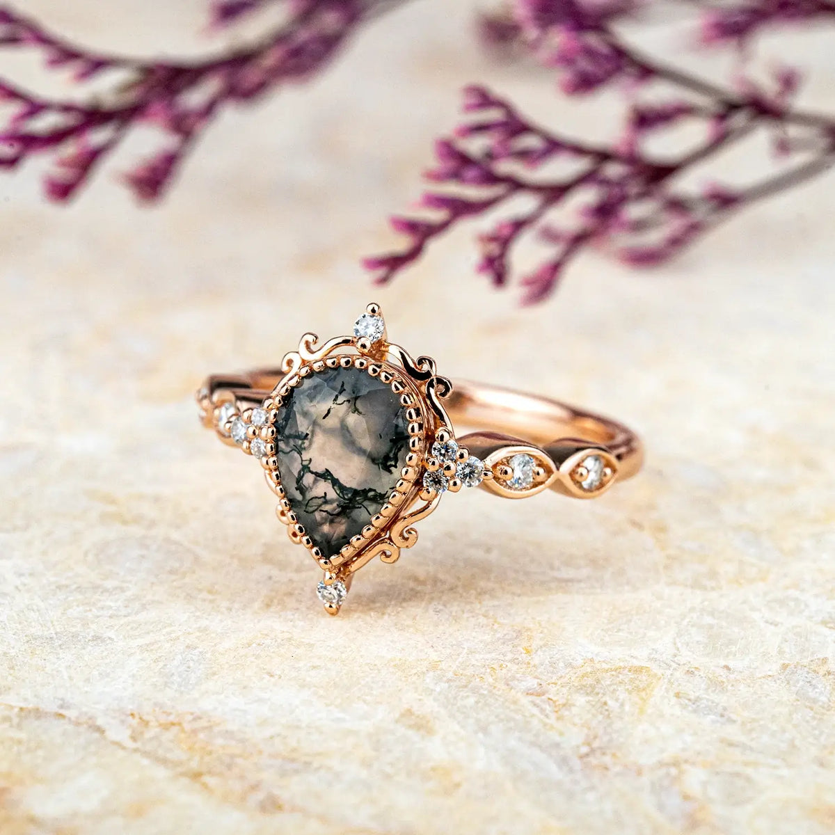 Handcrafted Pear Cut Moss Agate Engagement Rings – Vintage Bezel Set Ring for ladies gift