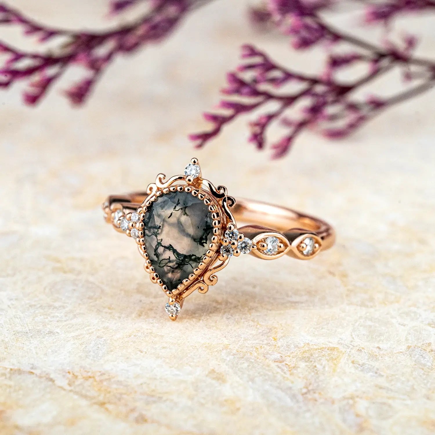 Handcrafted Pear Cut Moss Agate Engagement Rings – Vintage Bezel Set Ring for ladies gift