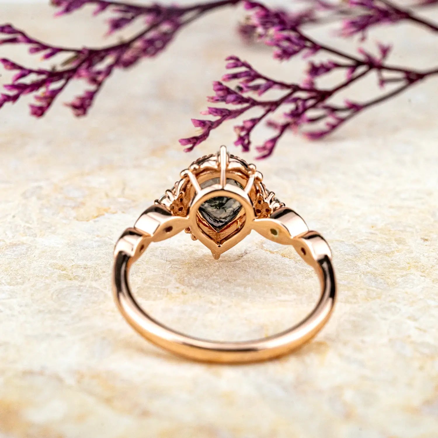 Handcrafted Pear Cut Moss Agate Engagement Rings – Vintage Bezel Set Ring