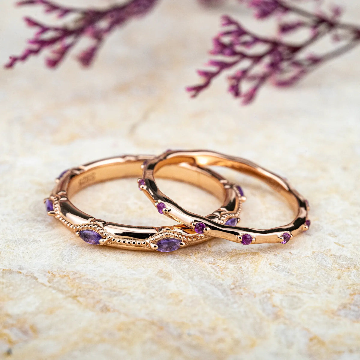 Vintage Amethyst Couple Bands – Promise Anniversary Rings | orleone custom jewelry