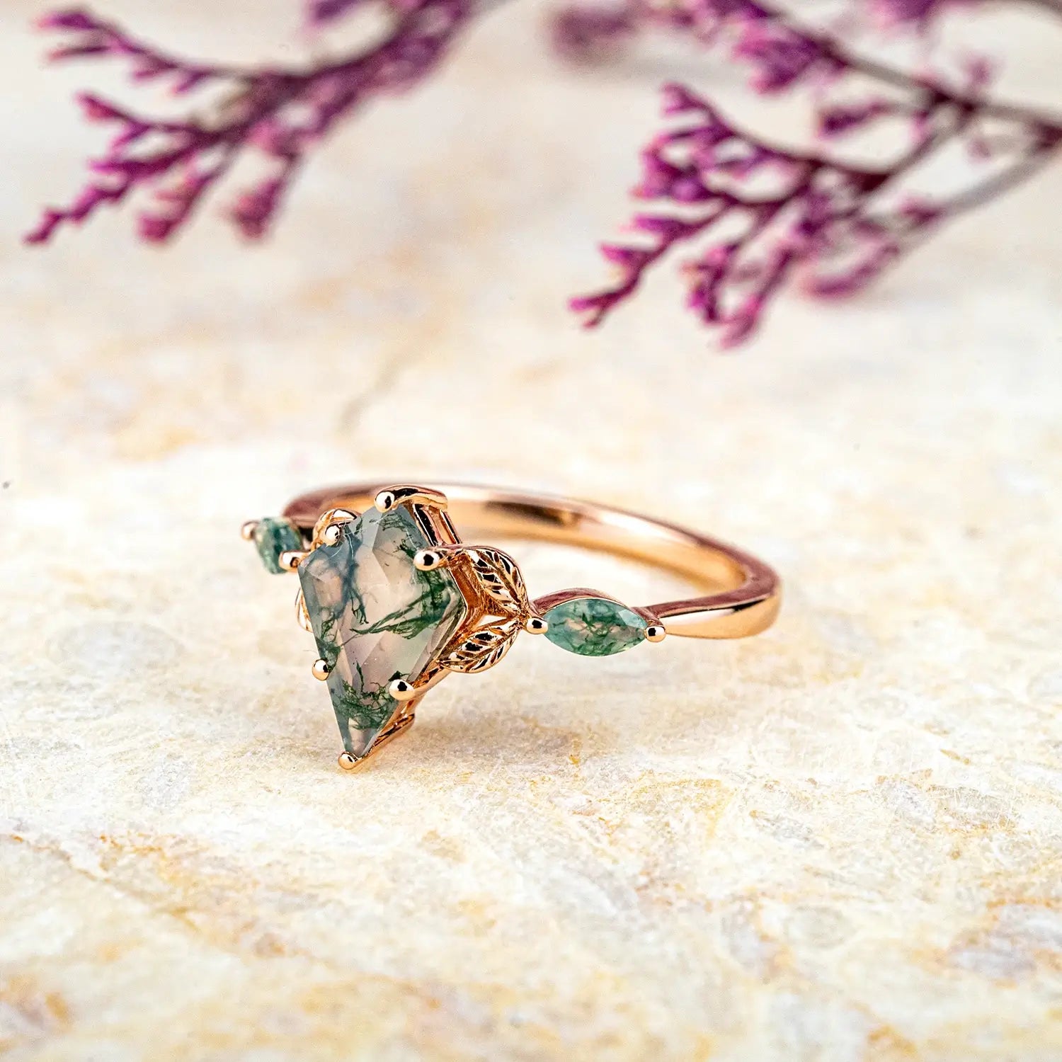 Leaf Kite Cut Moss Agate Rings – Rose Gold Nature-Inspired Jewelry For women anniversary engagement ring