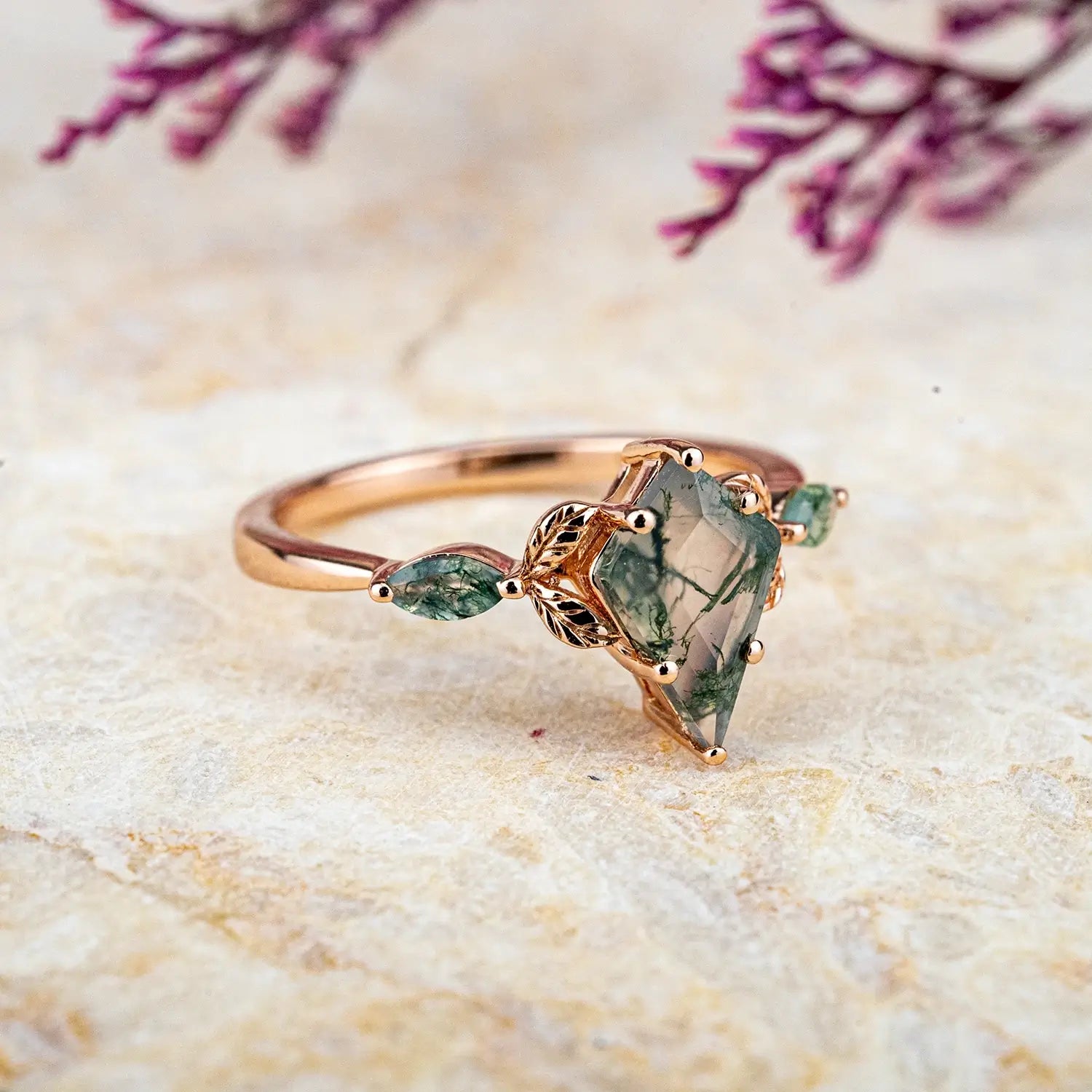 Leaf Kite Cut Moss Agate Rings – Rose Gold Nature-Inspired Jewelry For women anniversary engagement ring