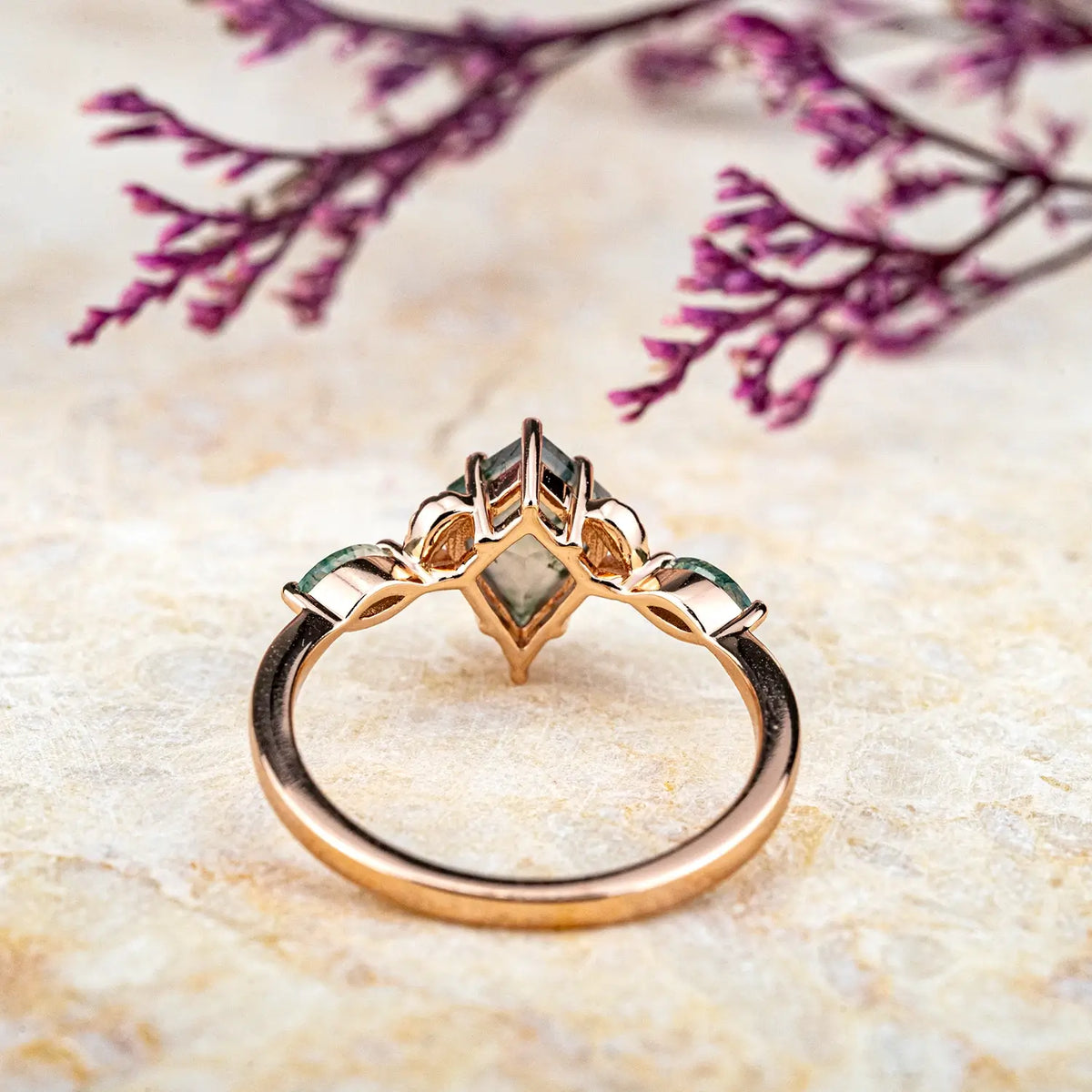 Leaf Kite Cut Moss Agate Rings – Rose Gold Nature-Inspired Jewelry For women anniversary engagement ring