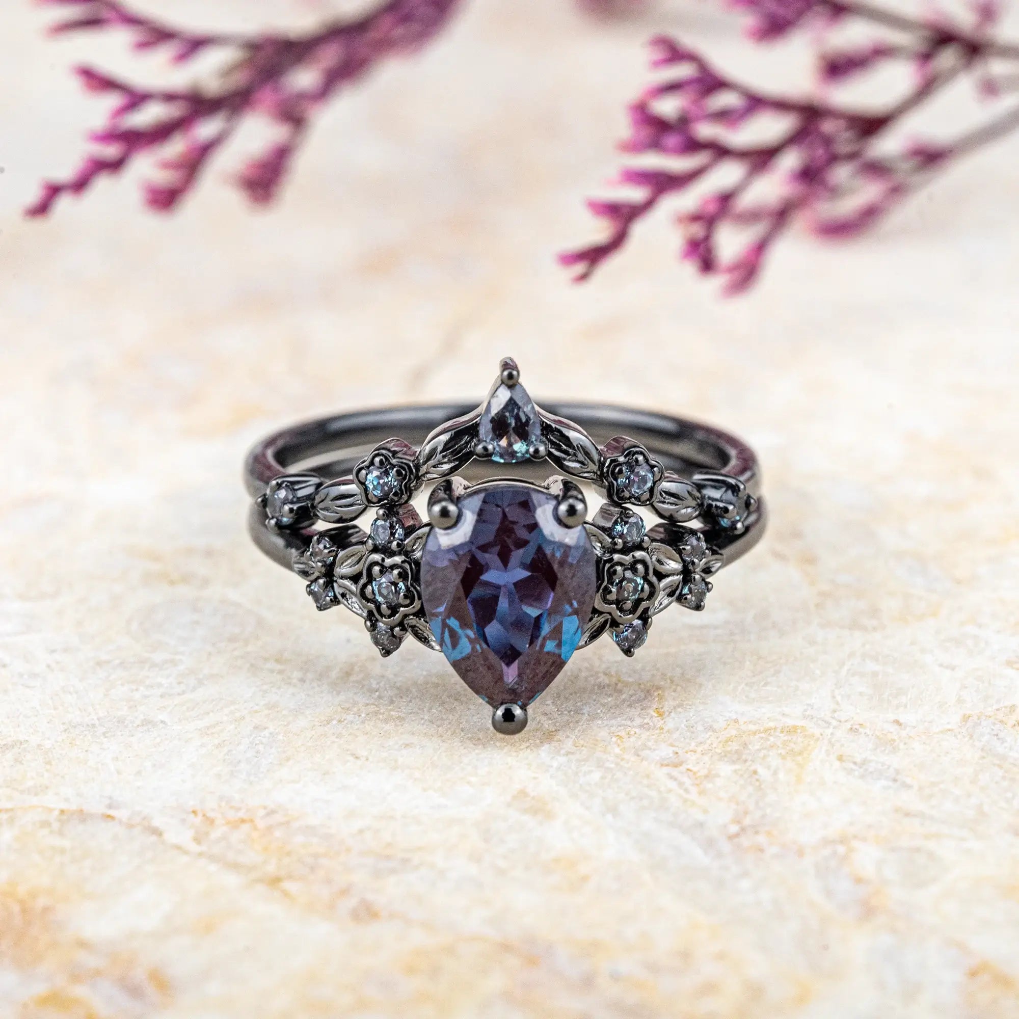 Black Gold Floral Alexandrite Ring Set – Unique Rhodium Black Bridal Artistic Jewelry Gothic Rings