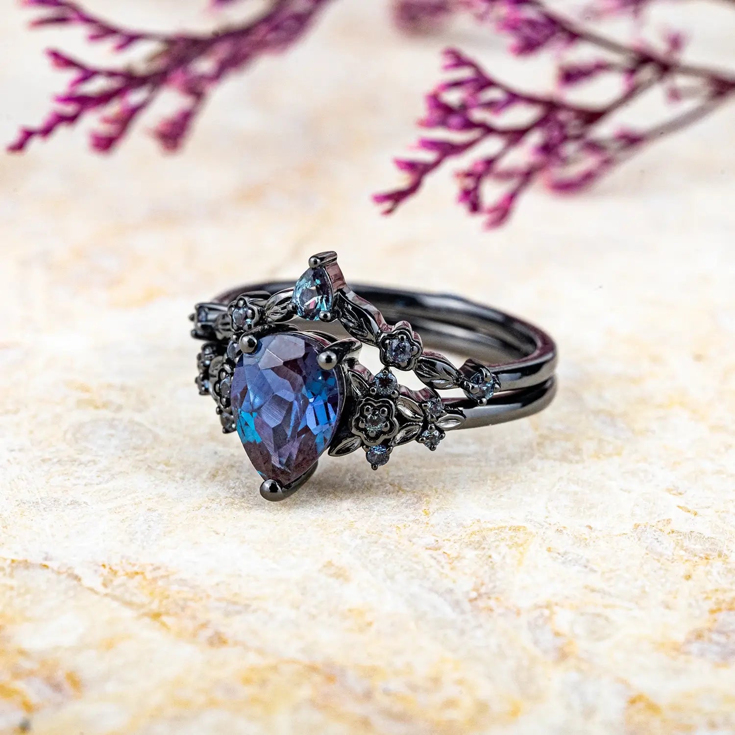 Black Gold Floral Alexandrite Ring Set – Unique Rhodium Black Bridal Artistic Jewelry Gothic Rings