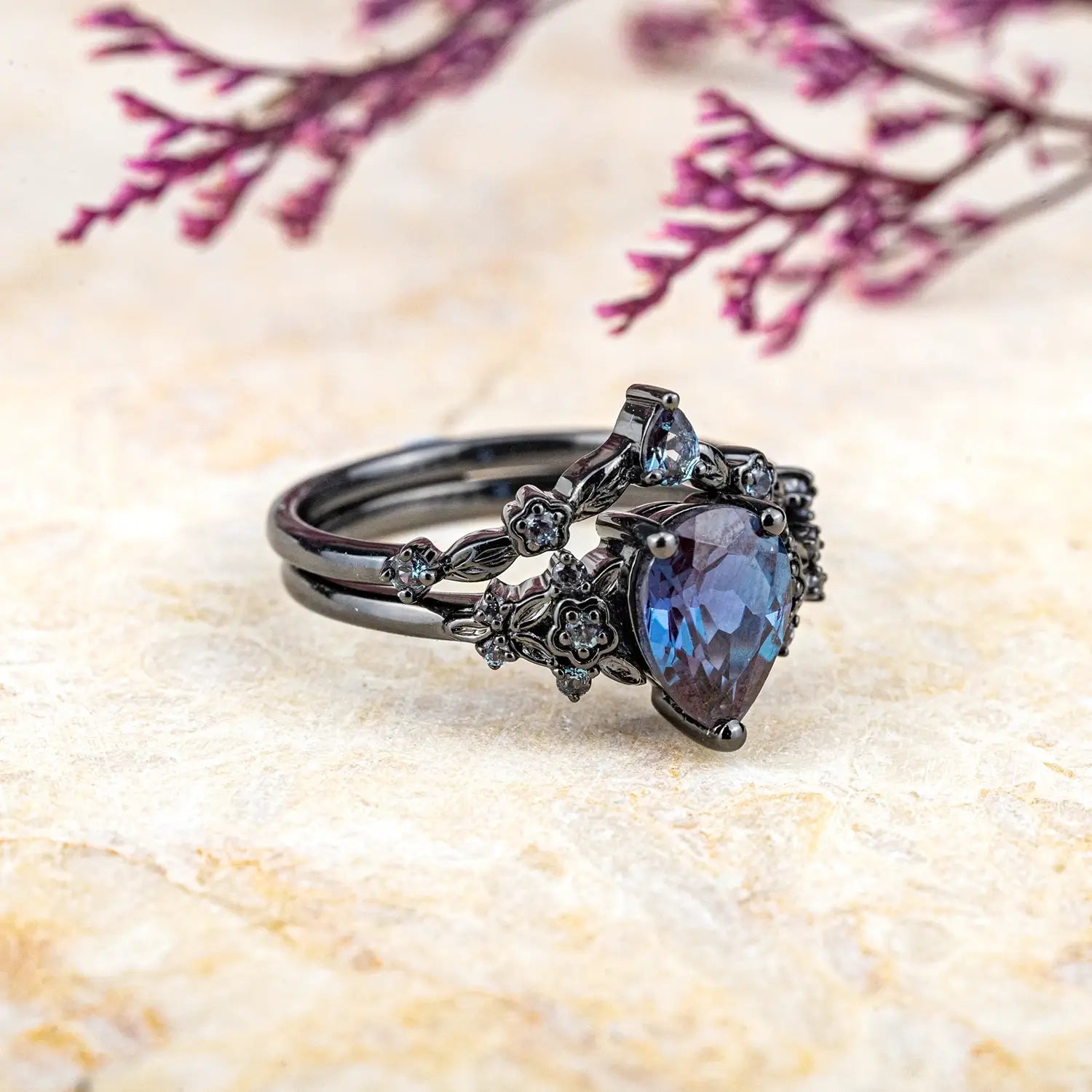 Black Gold Floral Alexandrite Ring Set – Unique Rhodium Black Bridal Artistic Jewelry Gothic Rings